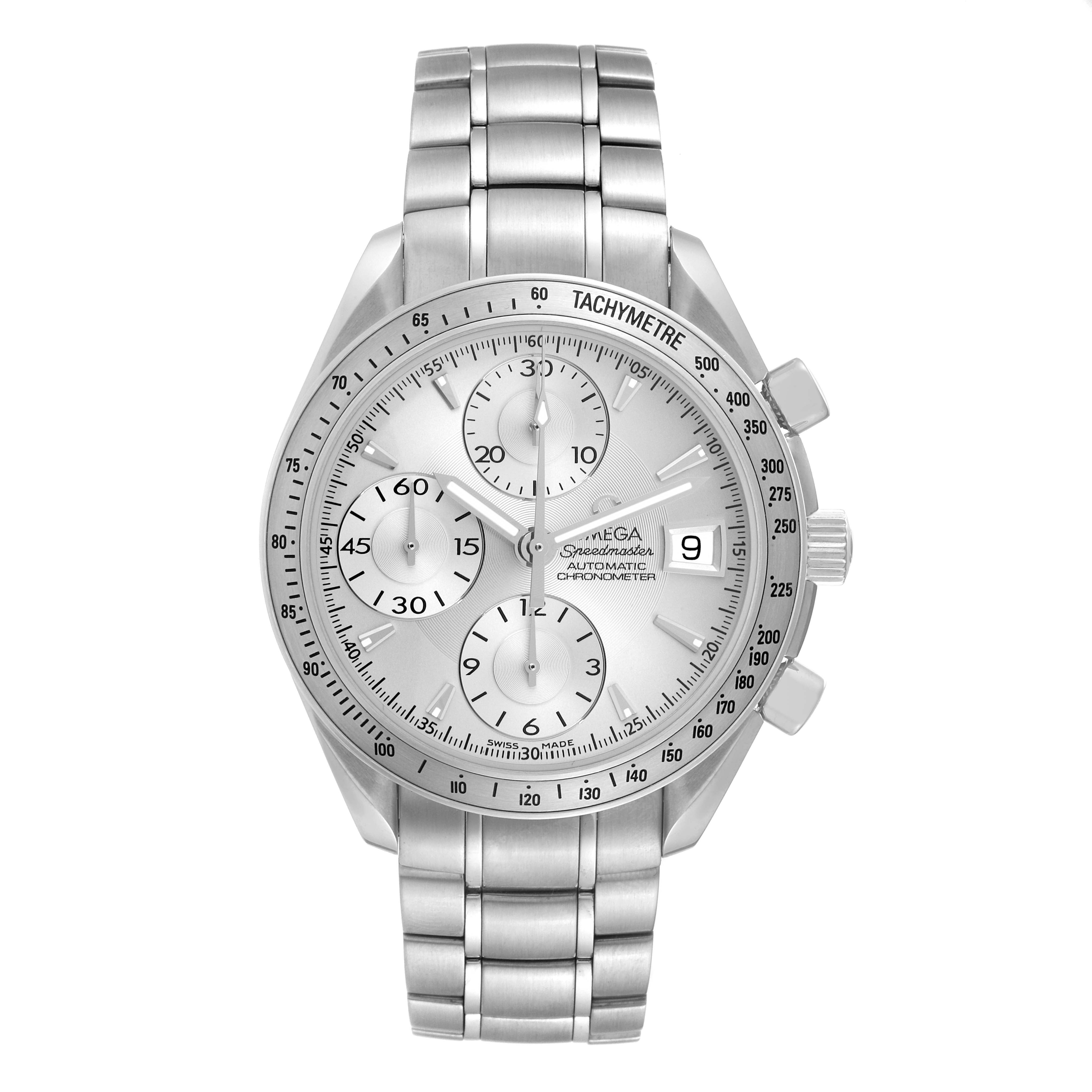 This image shows a front view of an Omega Speedmaster 3211.30.00 Men
s Stainless Steel Silver Dial 3211.30.00 Men
s Stainless Steel Silver Dial watch, highlighting the dial, bezel, and bracelet.