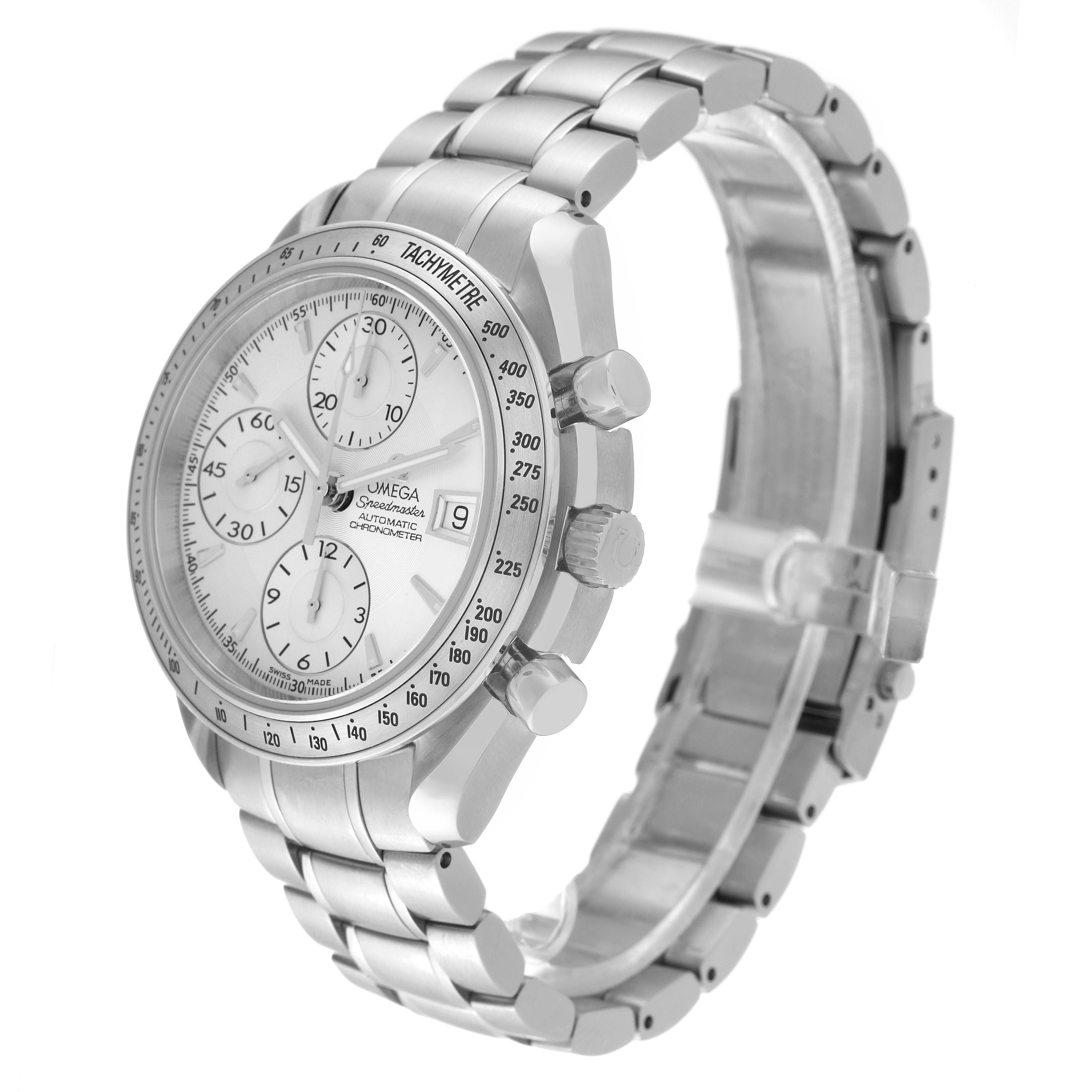 The image shows an Omega Speedmaster 3211.30.00 Men
s Stainless Steel Silver Dial 3211.30.00 Men
s Stainless Steel Silver Dial watch at a three-quarter angle, highlighting its face, bezel, pushers, and metal bracelet.