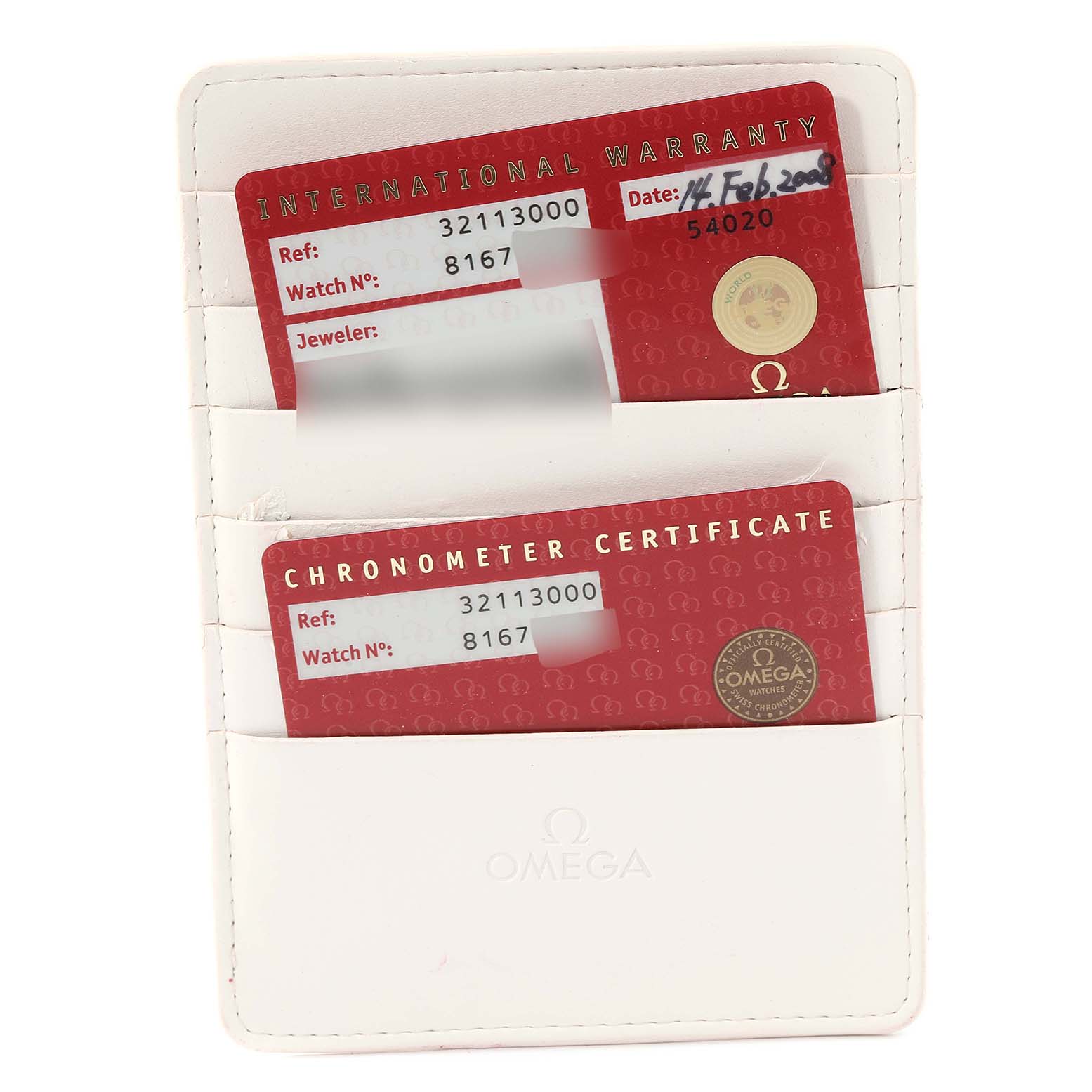 This image shows two Omega Speedmaster 3211.30.00 Men
s Stainless Steel Silver Dial 3211.30.00 Men
s Stainless Steel Silver Dial warranty and chronometer certificate cards in a white cardholder.