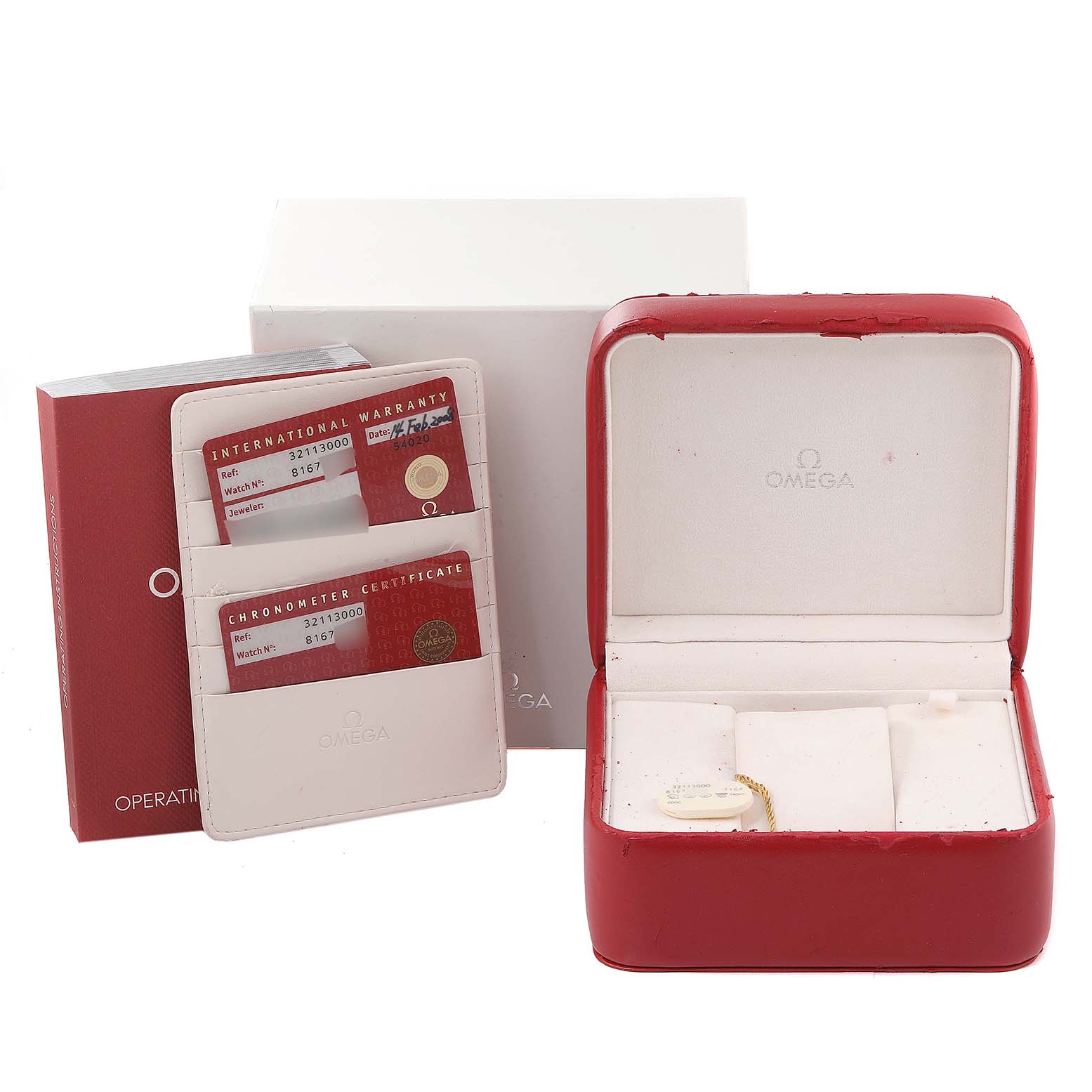 The image shows the box, papers, and certificate holders for an Omega Speedmaster 3211.30.00 Men
s Stainless Steel Silver Dial 3211.30.00 Men
s Stainless Steel Silver Dial watch, including an open red watch box and documentation.