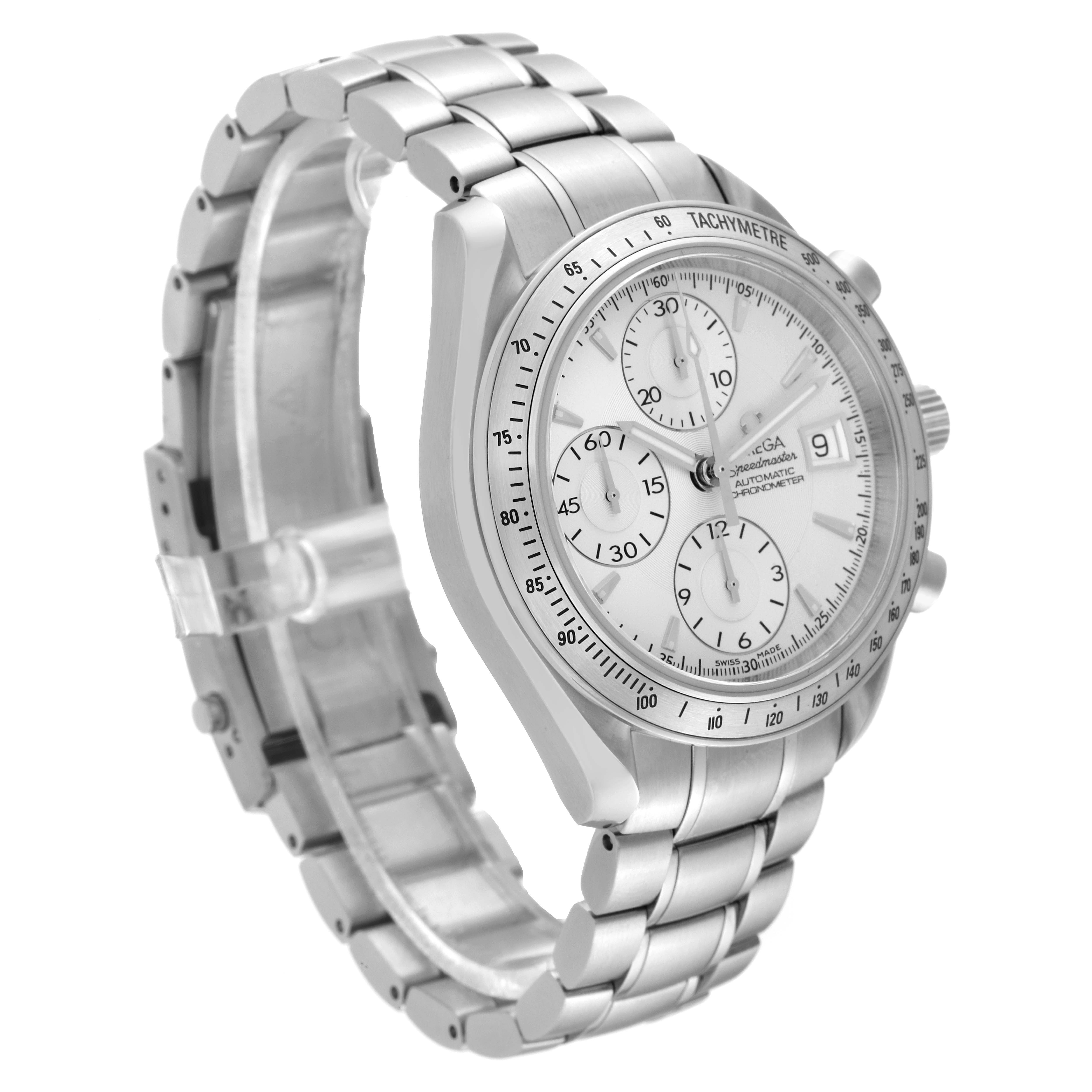 This image shows a side view of the Omega Speedmaster 3211.30.00 Men
s Stainless Steel Silver Dial 3211.30.00 Men
s Stainless Steel Silver Dial watch, highlighting its stainless steel case, bracelet, and dial.