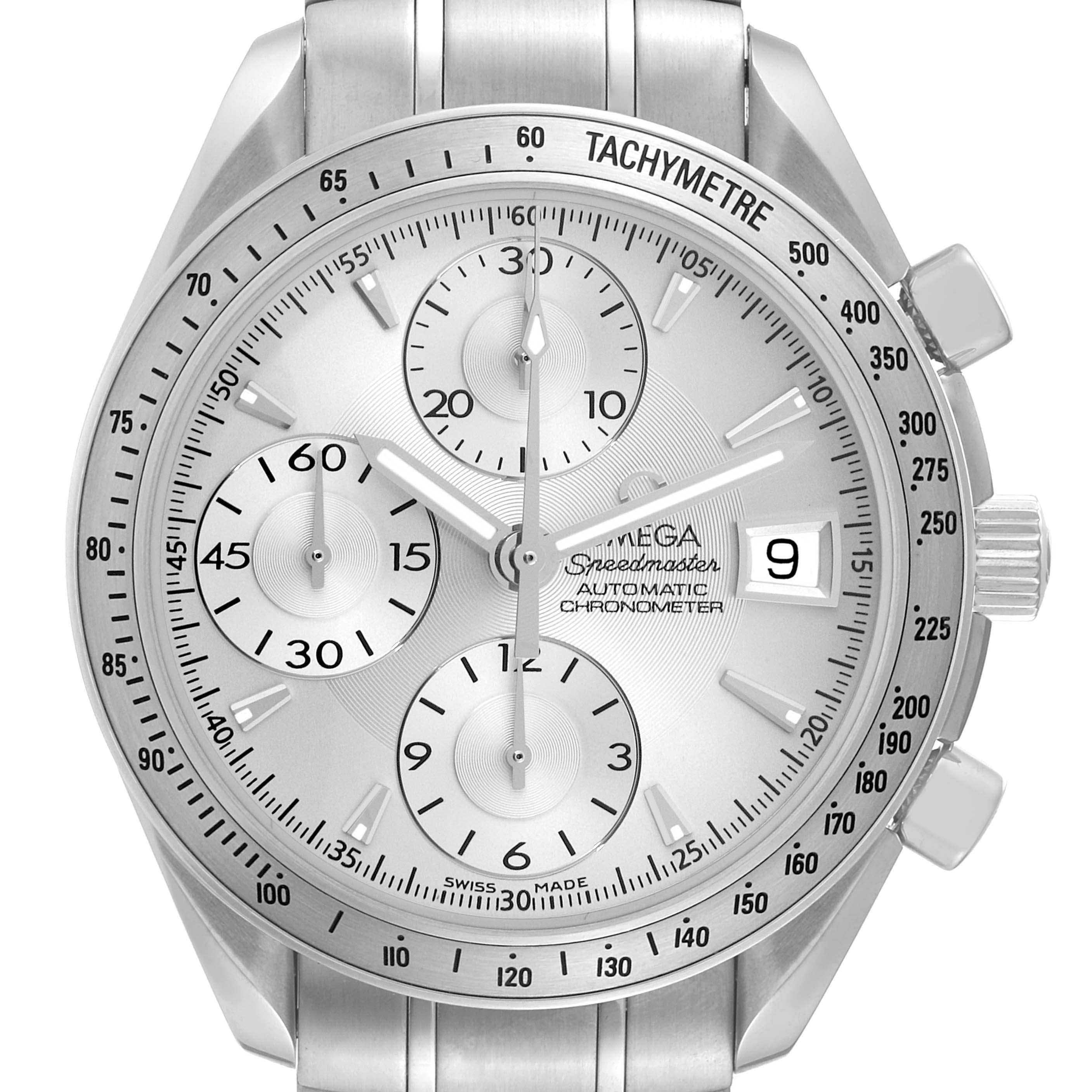 This image shows a front view of the Omega Speedmaster 3211.30.00 Men
s Stainless Steel Silver Dial 3211.30.00 Men
s Stainless Steel Silver Dial watch, highlighting its dial, subdials, and tachymeter bezel.
