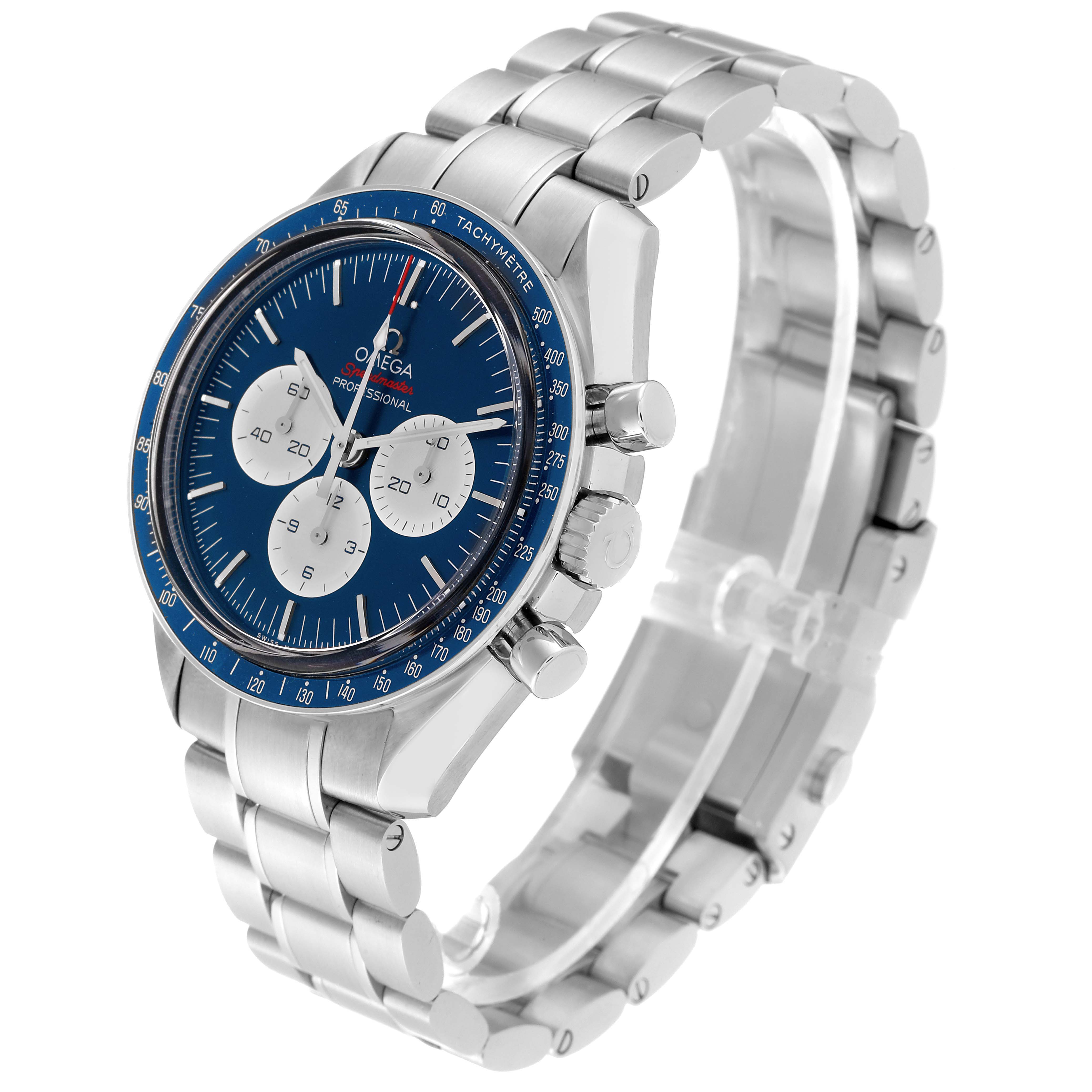 The image displays an angled side view of an Omega Speedmaster 522.30.42.30.03.001 Men
s Stainless Steel Blue Dial 522.30.42.30.03.001 Men
s Stainless Steel Blue Dial watch, showcasing its face, bracelet, and side buttons.