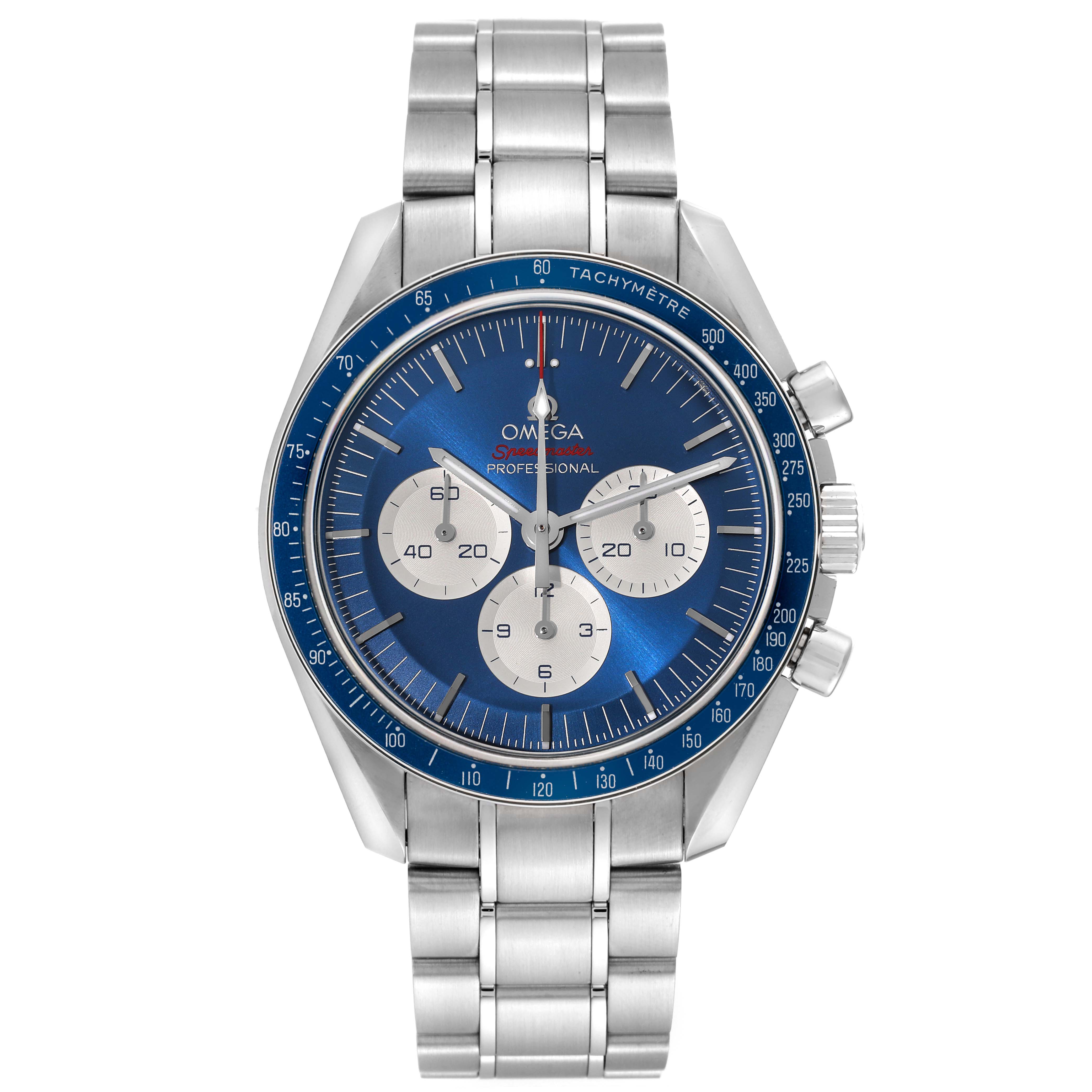The Omega Speedmaster 522.30.42.30.03.001 Men
s Stainless Steel Blue Dial 522.30.42.30.03.001 Men
s Stainless Steel Blue Dial watch is shown from the front angle, displaying the face, tachymeter bezel, and stainless steel bracelet.