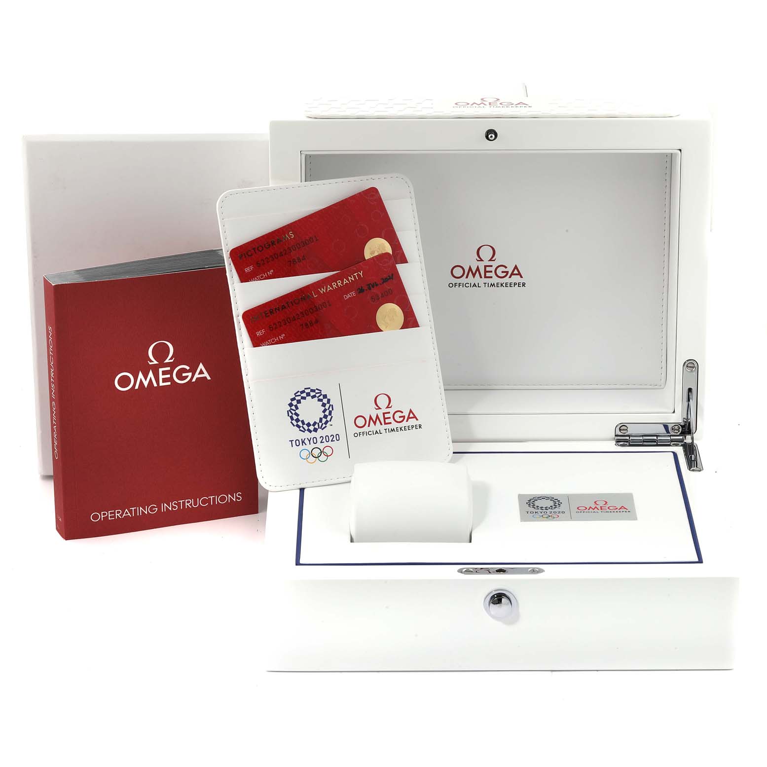 This image shows the box, operating instructions, and warranty cards for the Omega Speedmaster 522.30.42.30.03.001 Men
s Stainless Steel Blue Dial 522.30.42.30.03.001 Men
s Stainless Steel Blue Dial watch.