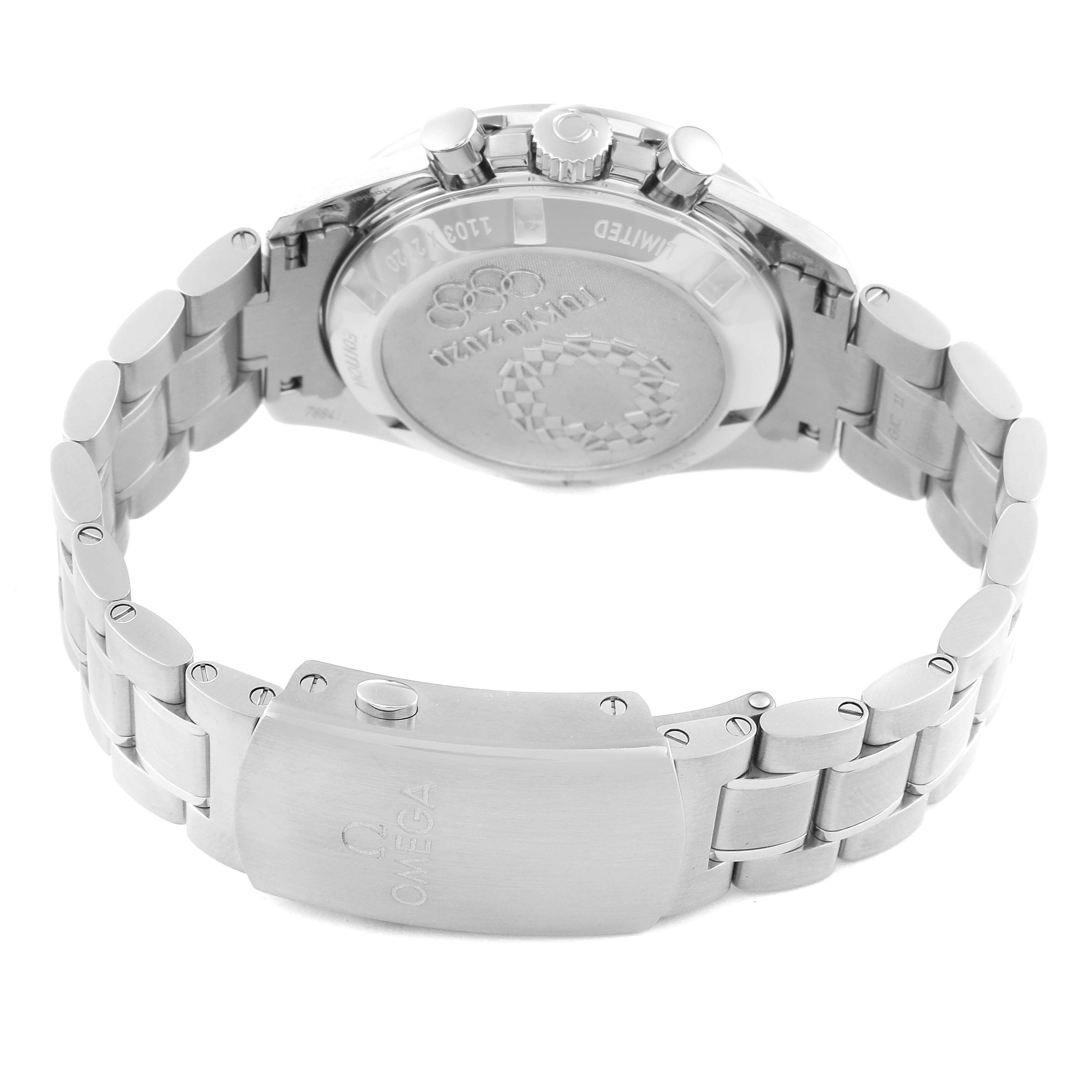 The image shows the Omega Speedmaster 522.30.42.30.03.001 Men
s Stainless Steel Blue Dial 522.30.42.30.03.001 Men
s Stainless Steel Blue Dial watch from a rear angle, displaying the clasp, bracelet, case back, and part of the crown.