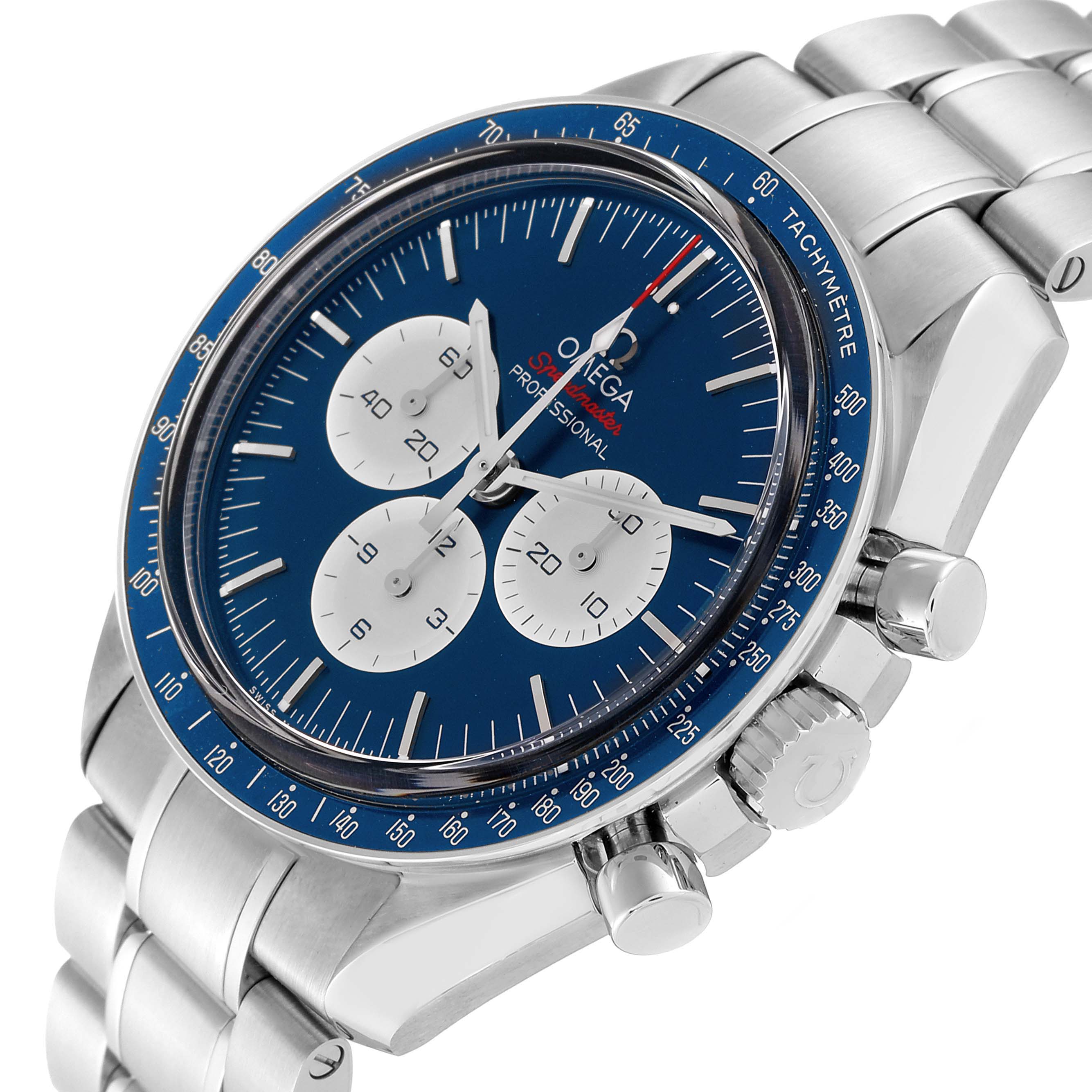 The Omega Speedmaster 522.30.42.30.03.001 Men
s Stainless Steel Blue Dial 522.30.42.30.03.001 Men
s Stainless Steel Blue Dial watch is shown at an angled view, highlighting the dial, bezel, pushers, and bracelet.