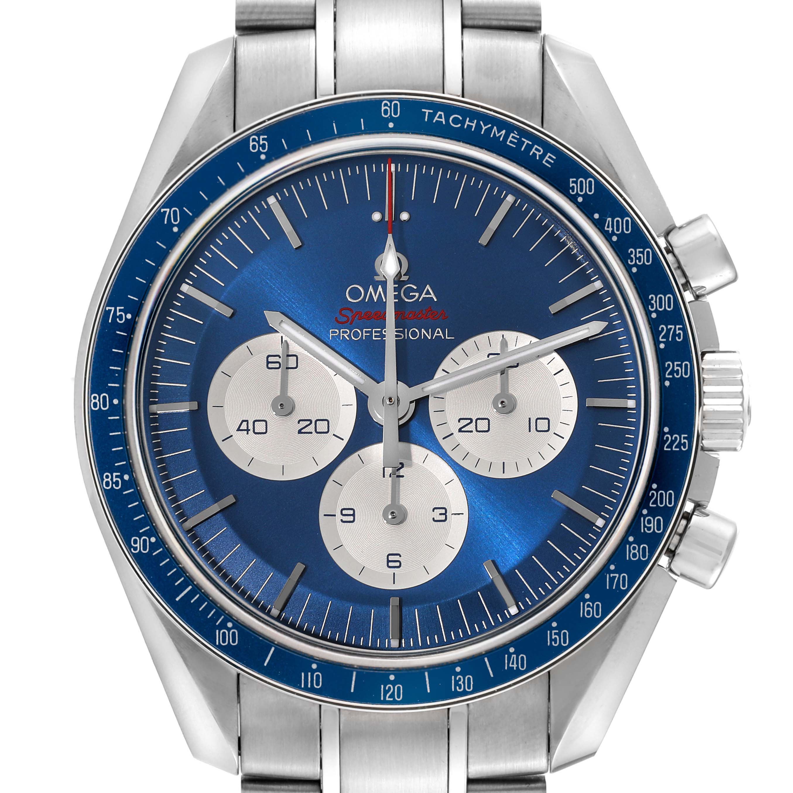 The Omega Speedmaster 522.30.42.30.03.001 Men
s Stainless Steel Blue Dial 522.30.42.30.03.001 Men
s Stainless Steel Blue Dial watch is shown from a front angle, highlighting its blue dial, tachymeter bezel, and sub-dials.