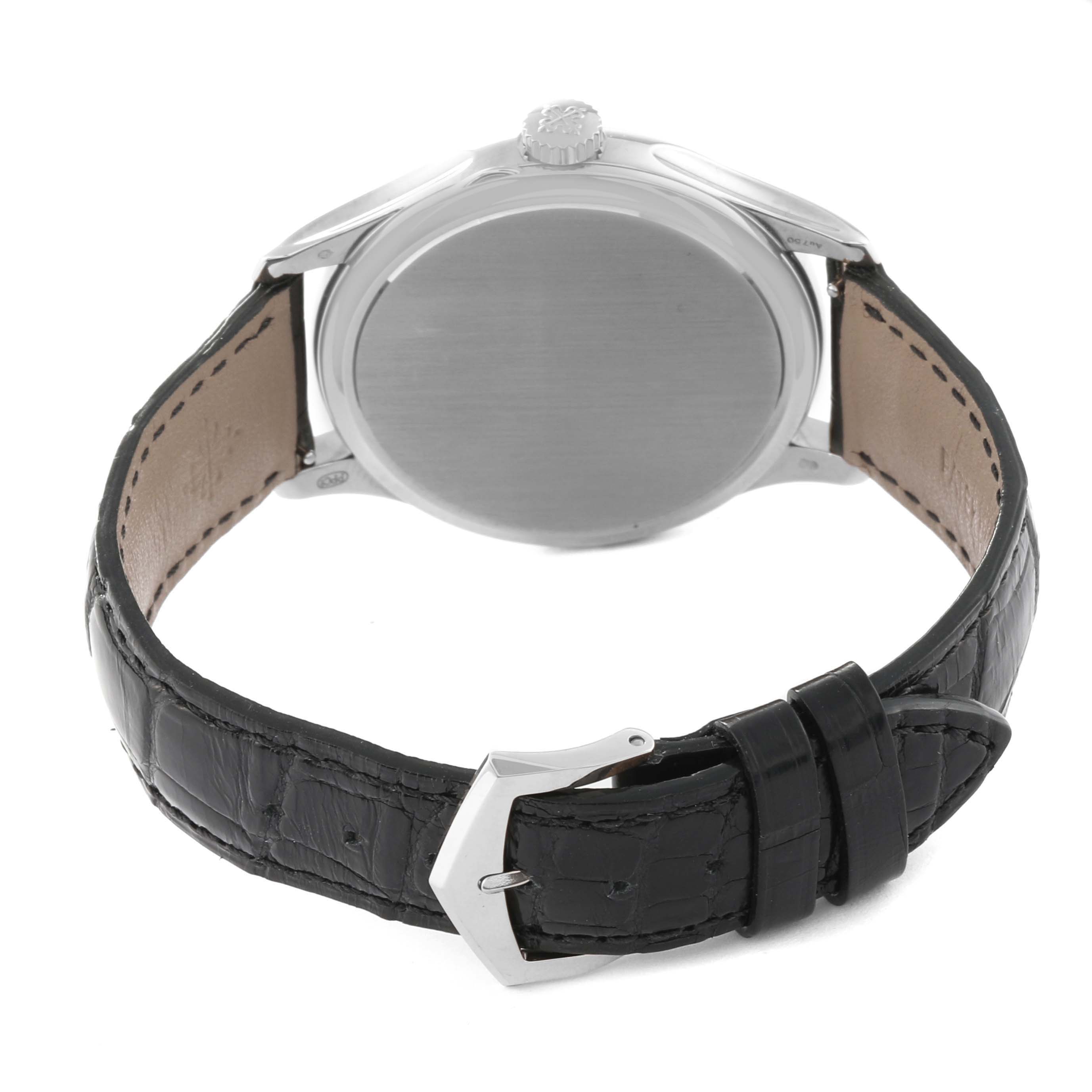 This image shows the back and strap of the Patek Philippe Calatrava 5227G-001 Men's White Gold Beige Dial 5227G-001 Men's White Gold Beige Dial watch from a rear angle.