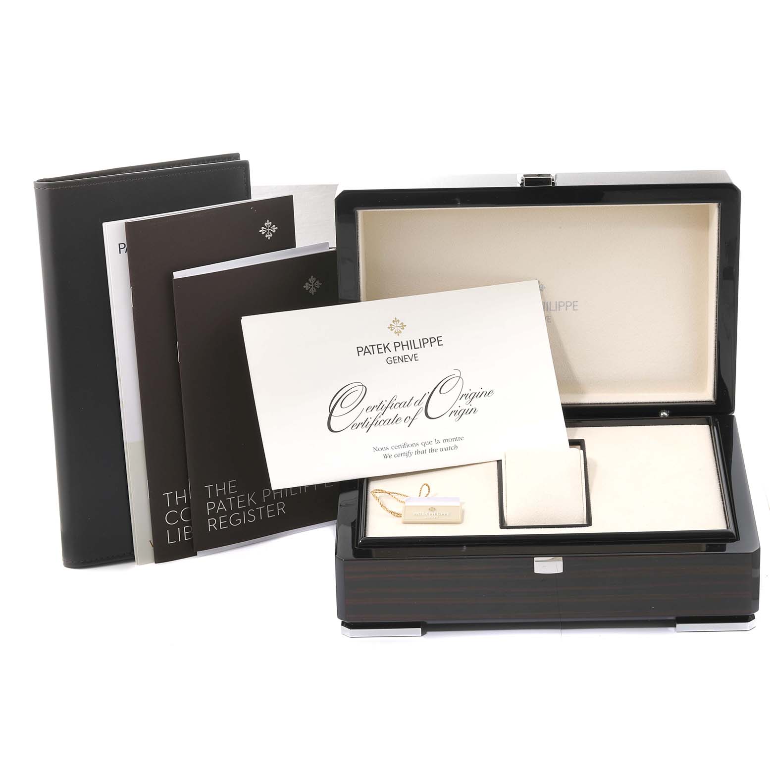 The image shows the Patek Philippe Calatrava 5227G-001 Men's White Gold Beige Dial 5227G-001 Men's White Gold Beige Dial watch box, certificate, booklets, and tags from a front angle.