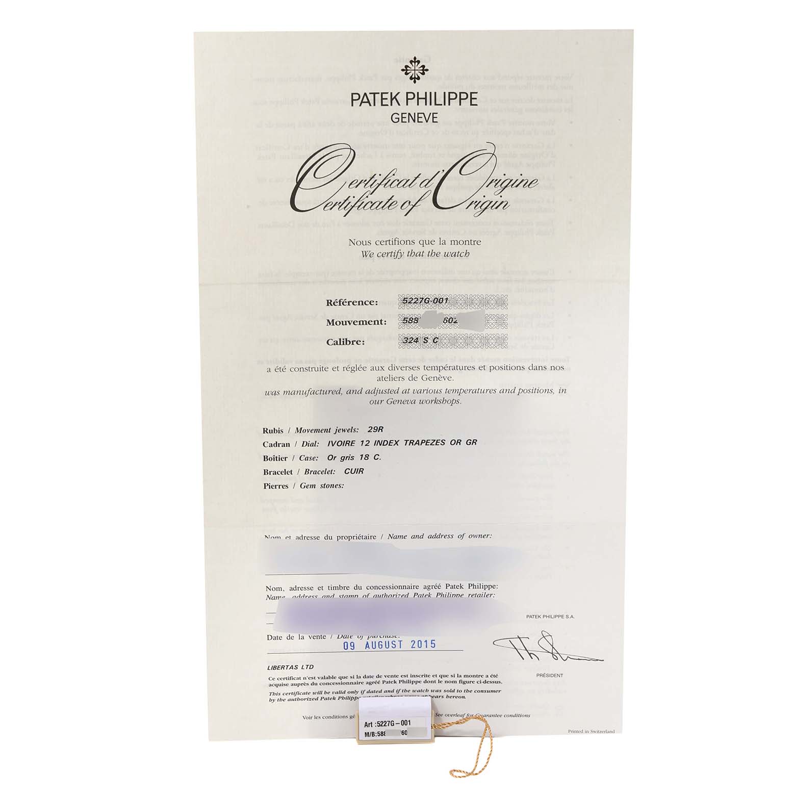 The image shows the Certificate of Origin for a Patek Philippe Calatrava 5227G-001 Men's White Gold Beige Dial 5227G-001 Men's White Gold Beige Dial watch, including details like reference, movement, caliber, and date of sale.