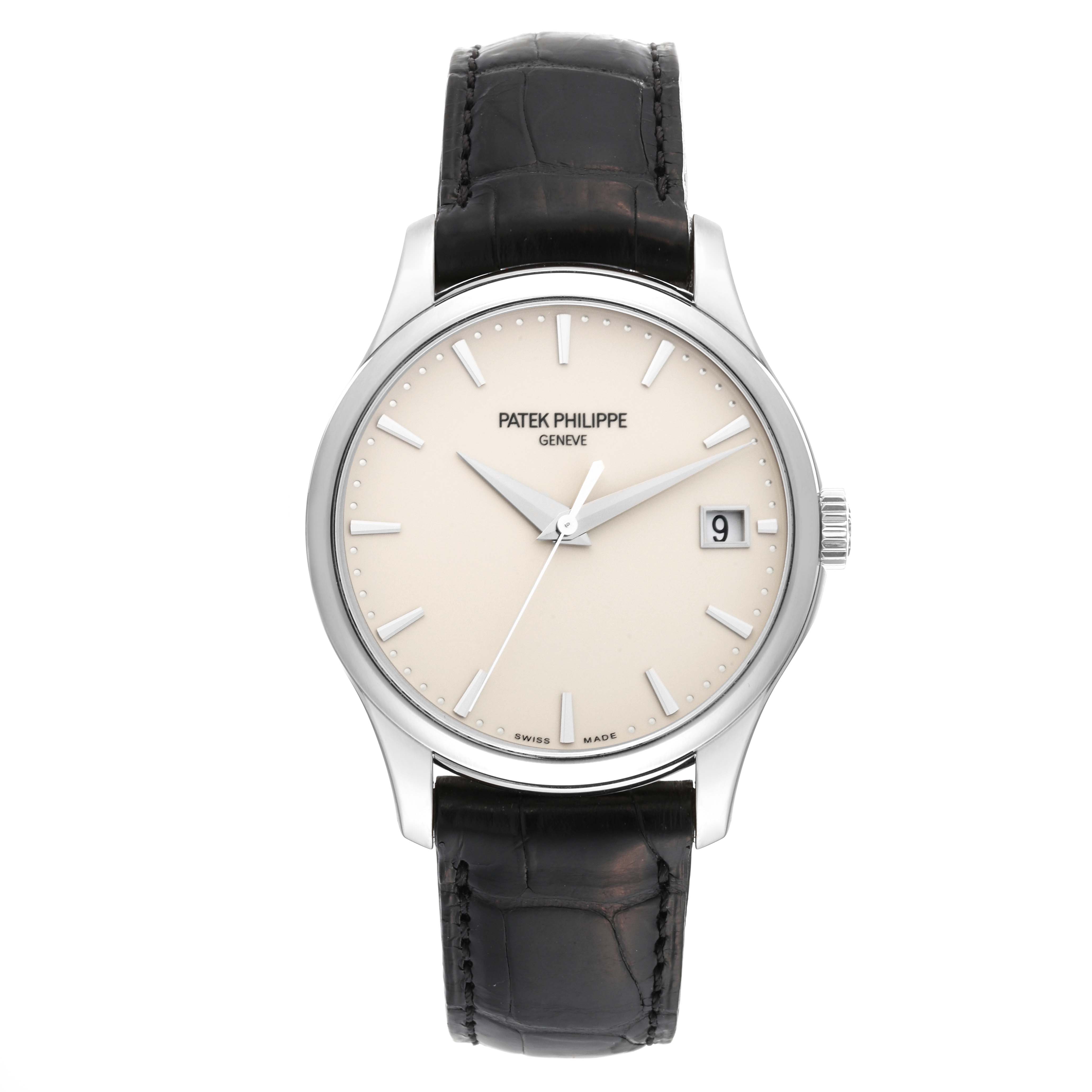This image shows the front view of a Patek Philippe Calatrava 5227G-001 Men's White Gold Beige Dial 5227G-001 Men's White Gold Beige Dial watch, displaying the dial, hands, date window, and leather strap.
