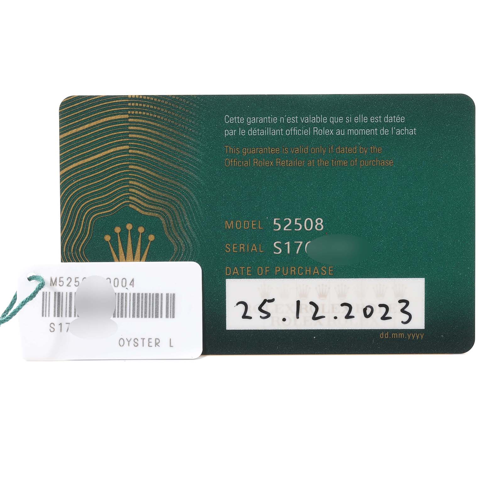 The image shows a warranty card for a Rolex Cellini model 52508 along with a tag displaying serial and model information.