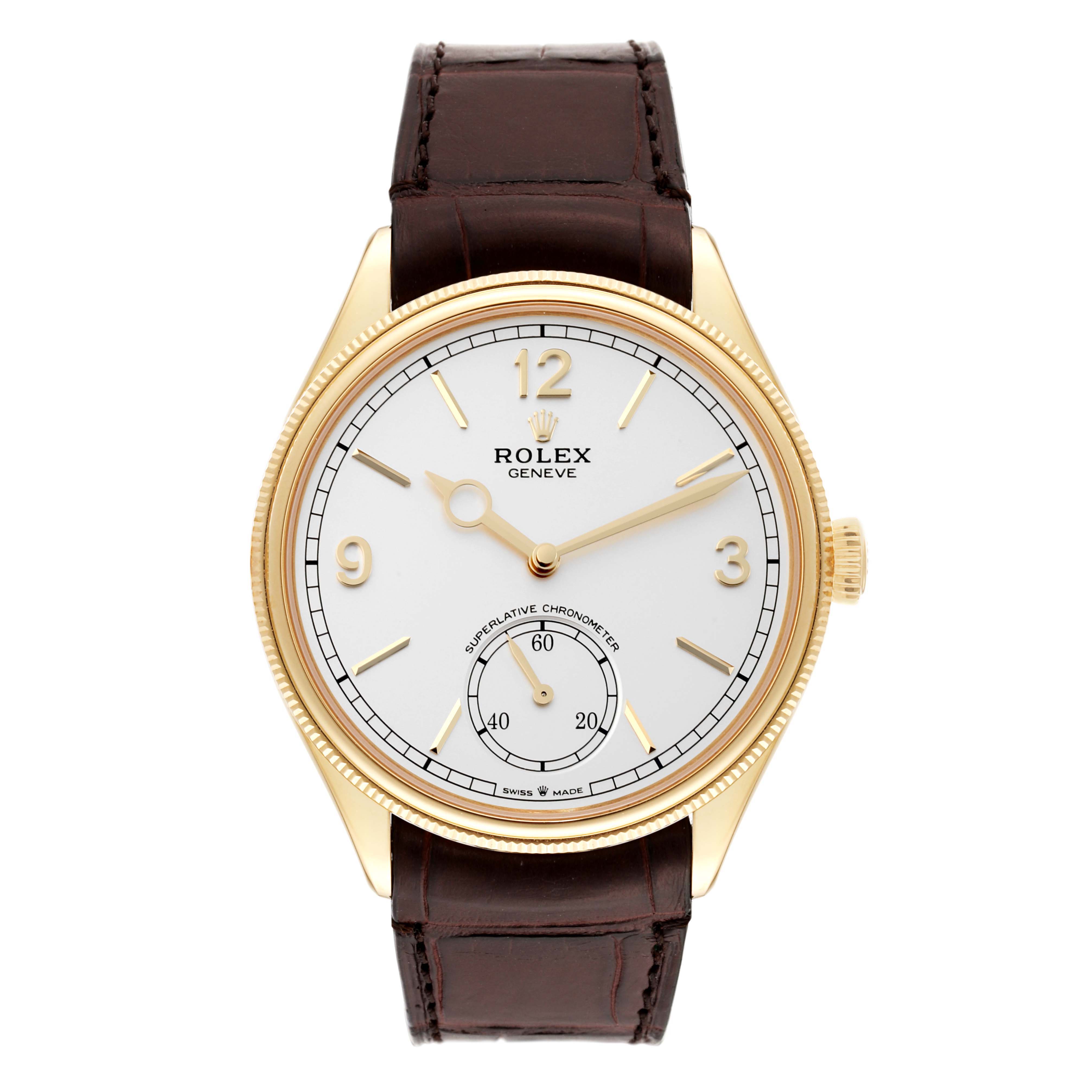 The Rolex Cellini watch is shown from a front angle, displaying the dial, hands, crown, and leather strap.