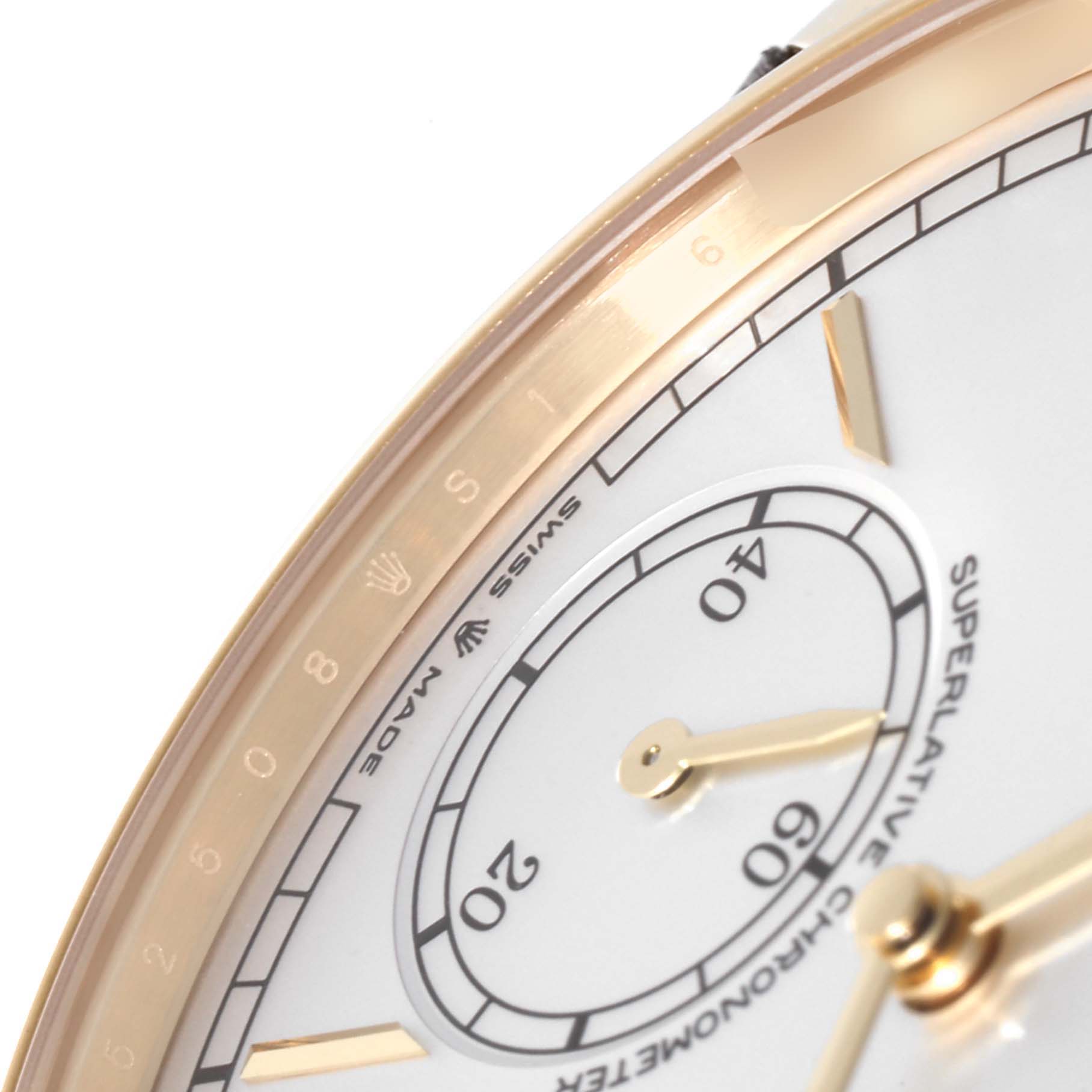 This close-up angle of the Rolex Cellini watch shows part of the dial, bezel, and numerals, highlighting fine details and inscriptions.