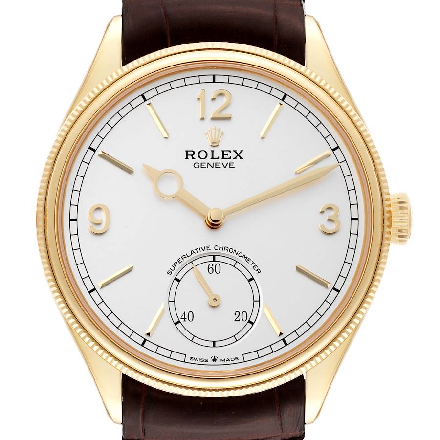 This image features a front view of the dial and bezel of a Rolex Cellini watch.