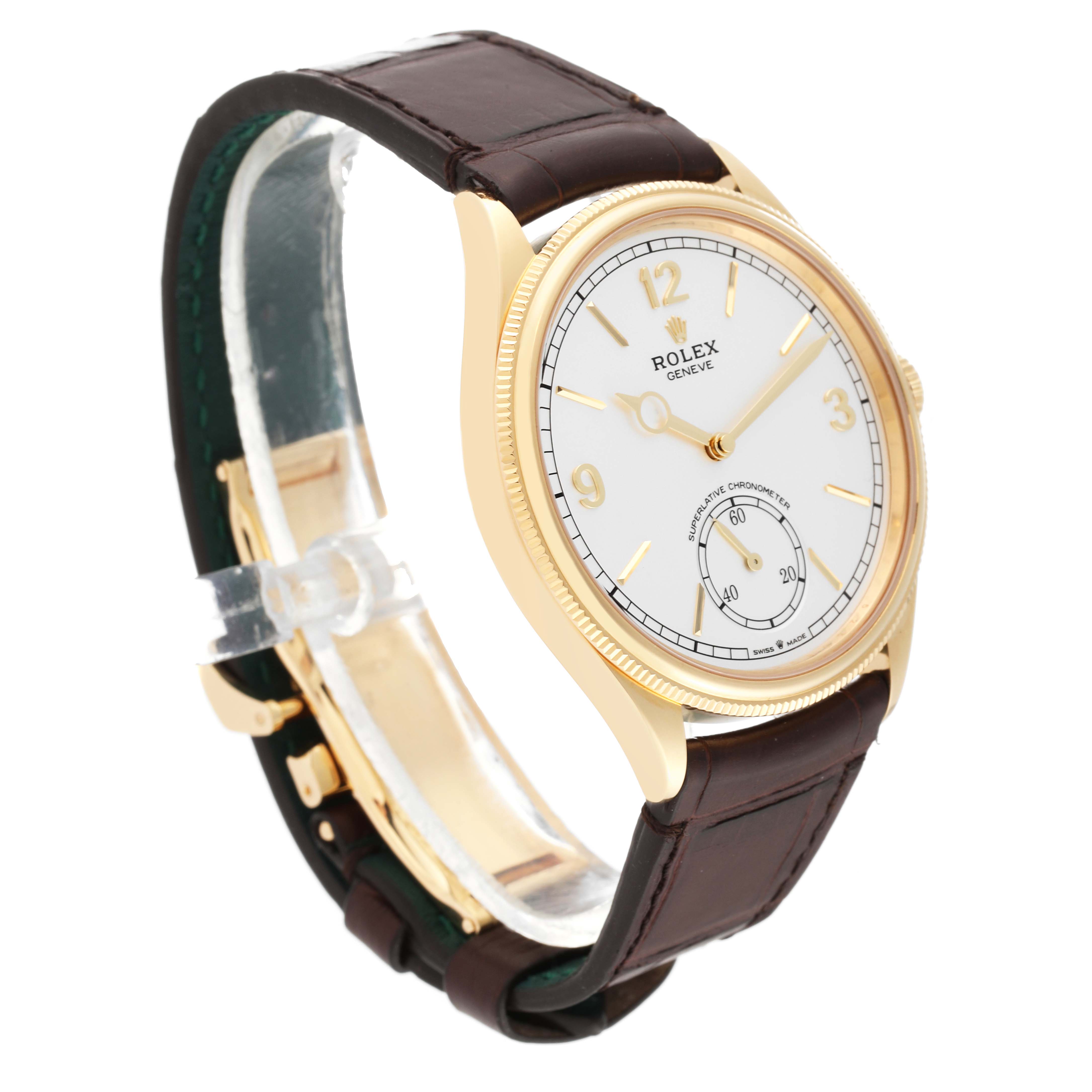 The image shows a Rolex Cellini watch at a slight angle, displaying the dial, case, and brown leather strap.