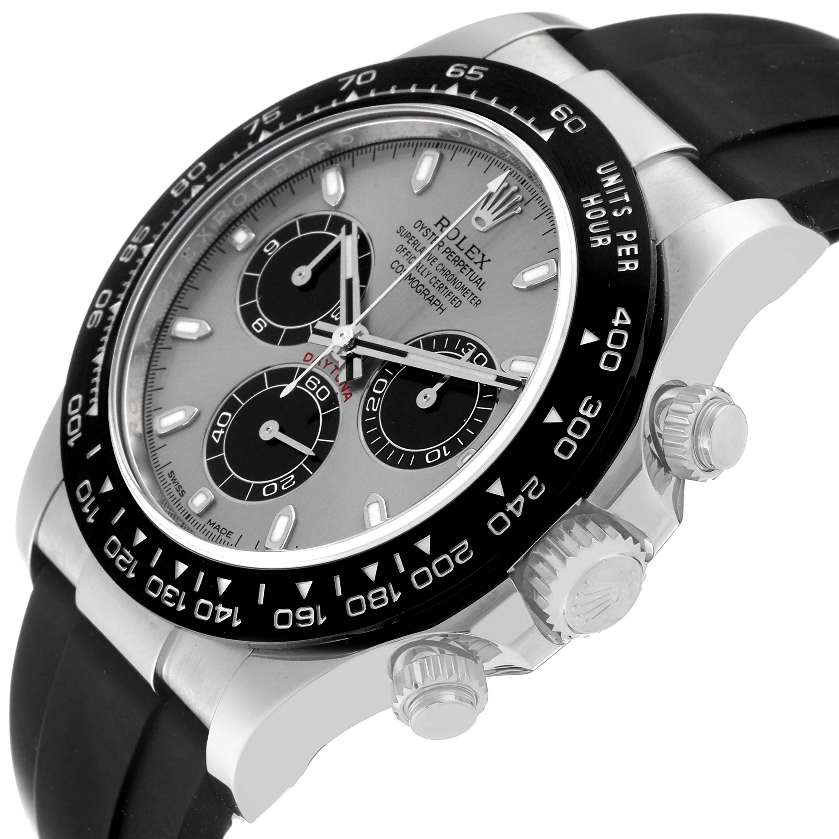 The image shows a close-up angled view of a Rolex Daytona 116519 Men's White Gold Grey Dial 116519 Men's White Gold Grey Dial watch, highlighting its bezel, crown, and chronograph dials.