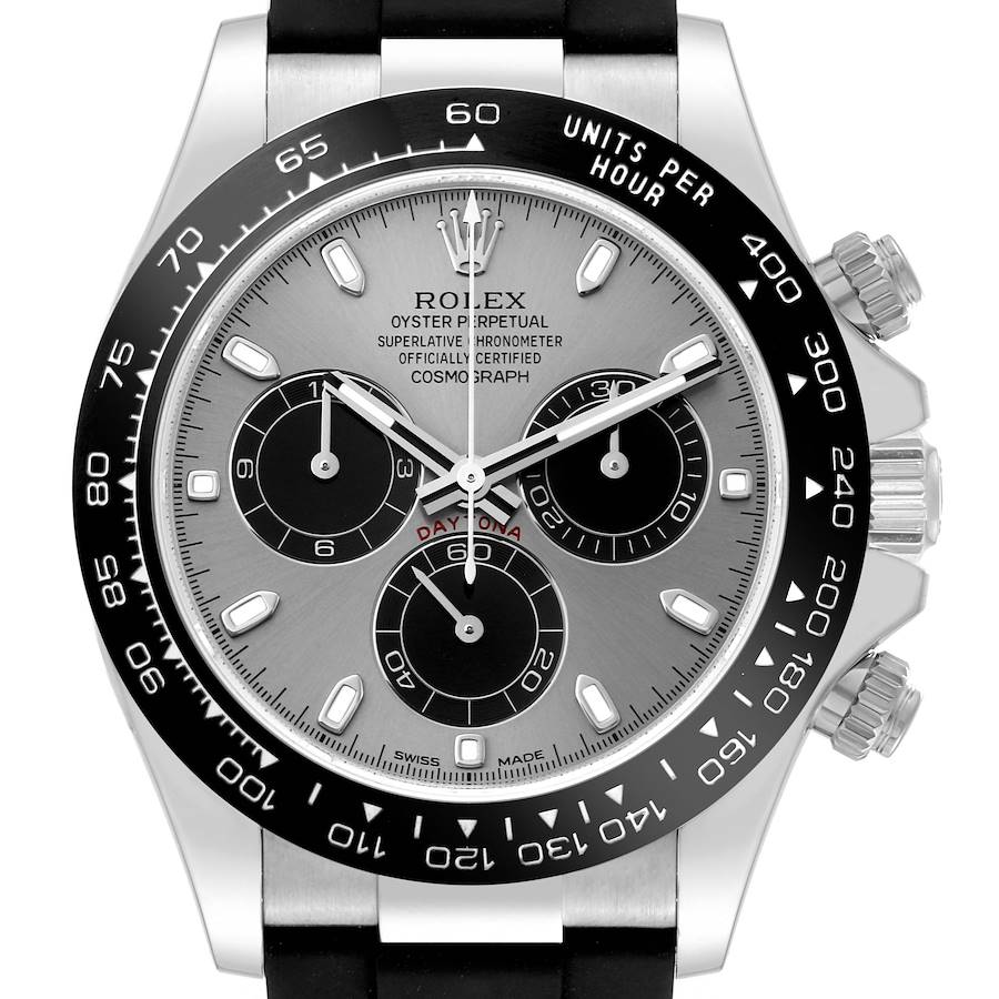 This image shows the Rolex Daytona watch from the front, highlighting the dial, bezel, pushers, and crown.