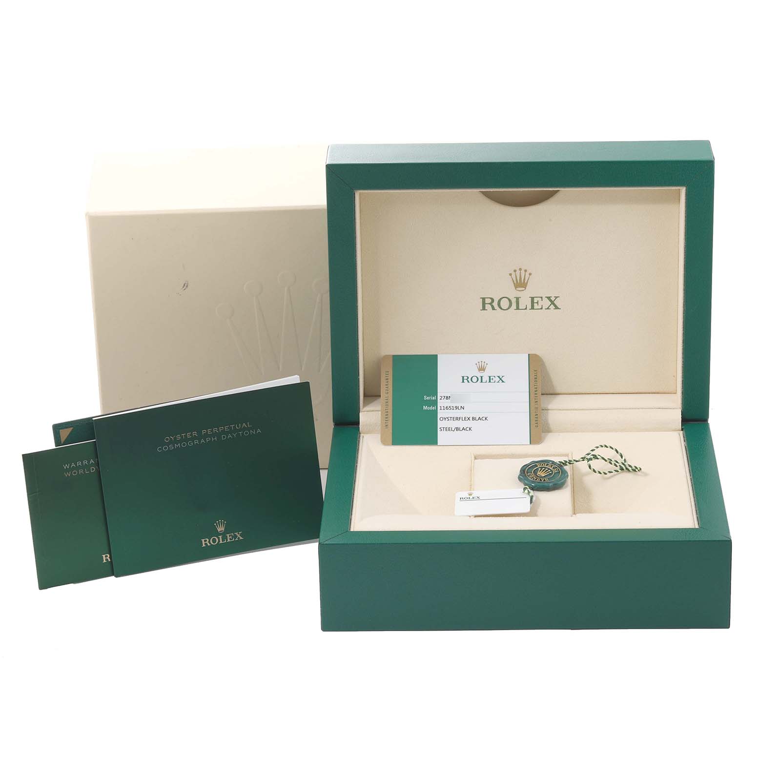 The image shows the packaging, warranty card, manuals, and hangtag of a Rolex Daytona 116519 Men's White Gold Grey Dial 116519 Men's White Gold Grey Dial model watch.
