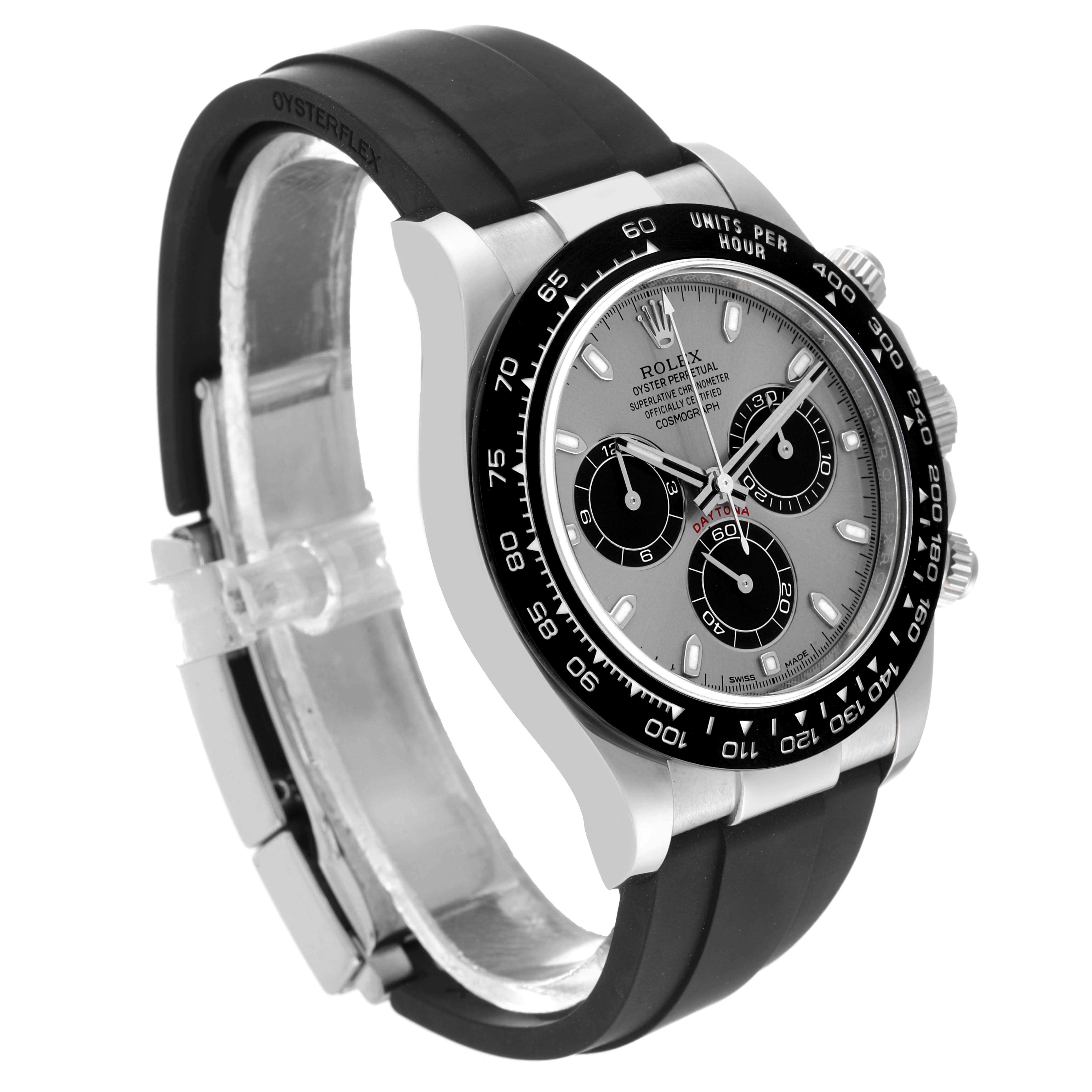 This image shows a side-angle view of the Rolex Daytona 116519 Men's White Gold Grey Dial 116519 Men's White Gold Grey Dial watch, highlighting its face, bezel, and black Oysterflex strap.