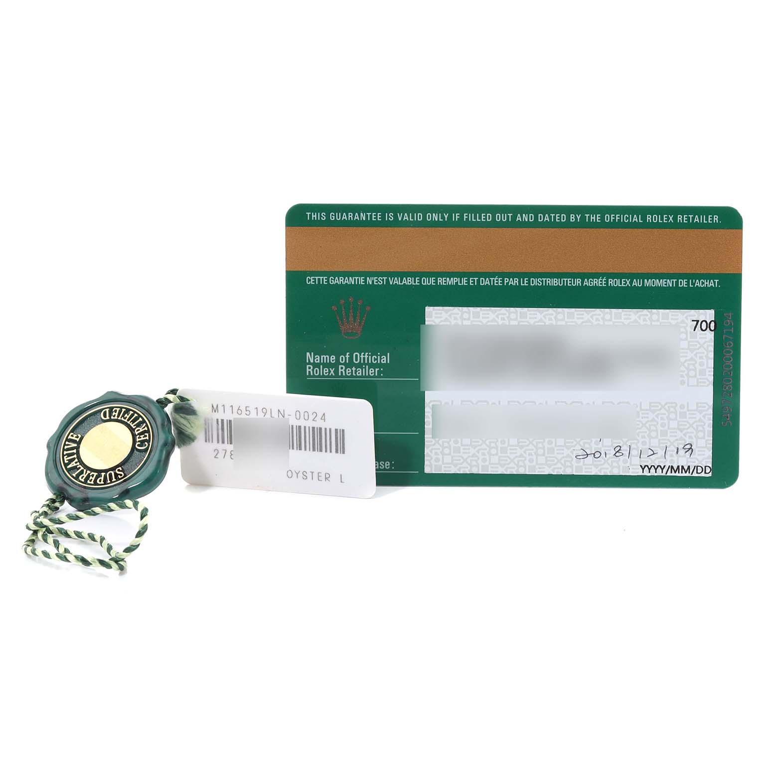 This image shows a Rolex Daytona 116519 Men's White Gold Grey Dial 116519 Men's White Gold Grey Dial model's guarantee card and certification seal/tag with attached serial number.