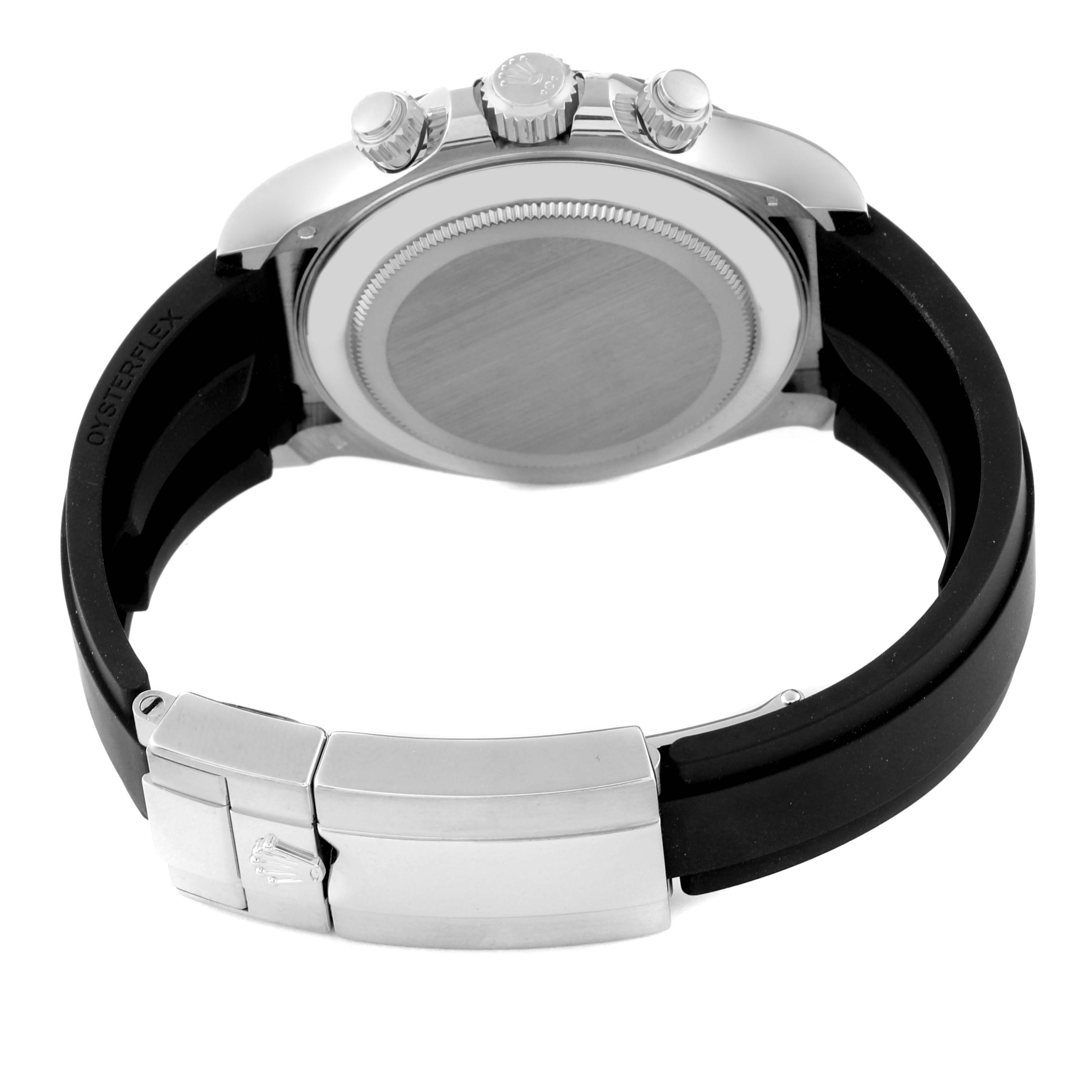 This image shows the back case, clasp, and part of the bracelet of a Rolex Daytona 116519 Men's White Gold Grey Dial 116519 Men's White Gold Grey Dial watch.