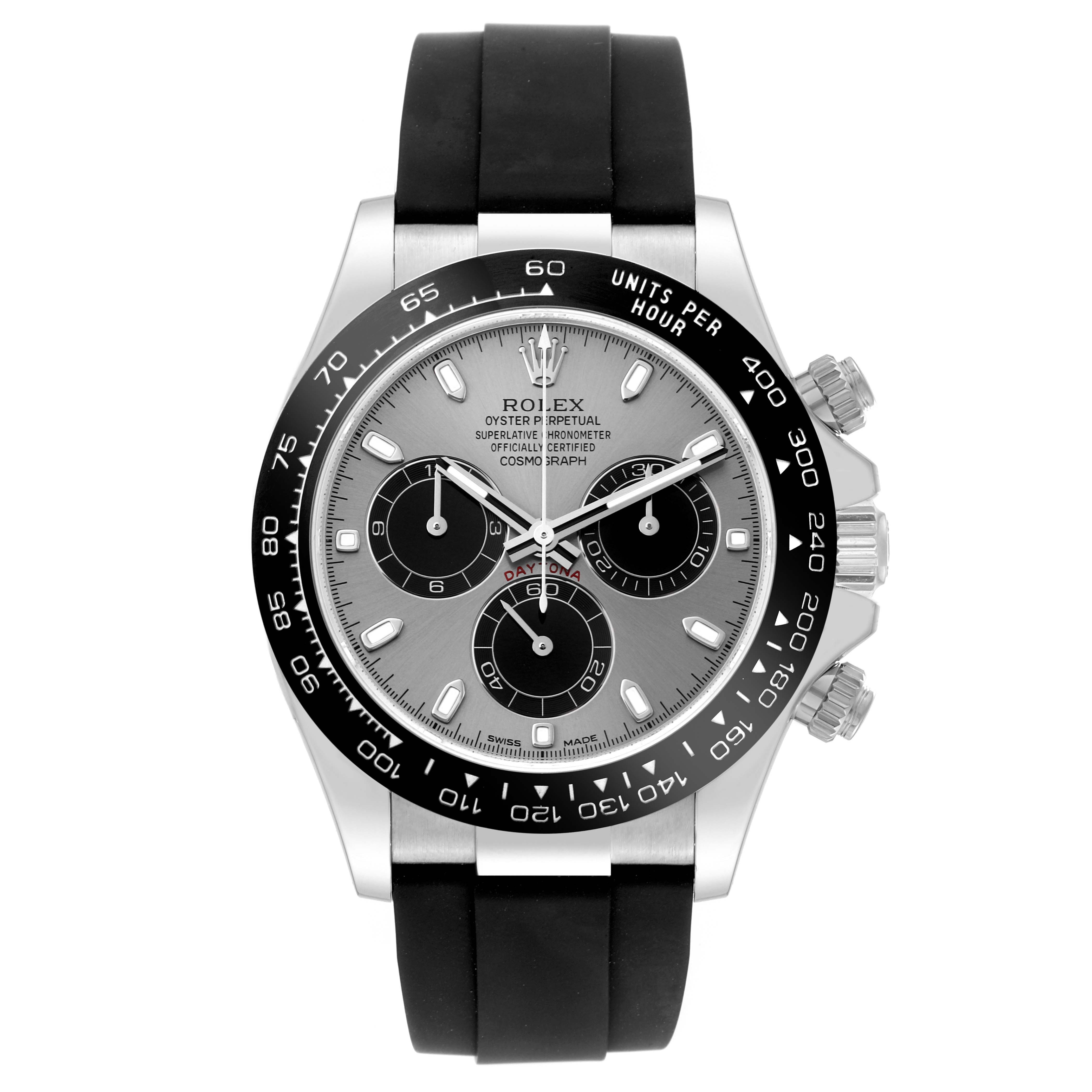 This Rolex Daytona 116519 Men's White Gold Grey Dial 116519 Men's White Gold Grey Dial watch is shown from the front, highlighting its face, bezel, crown, and rubber strap.