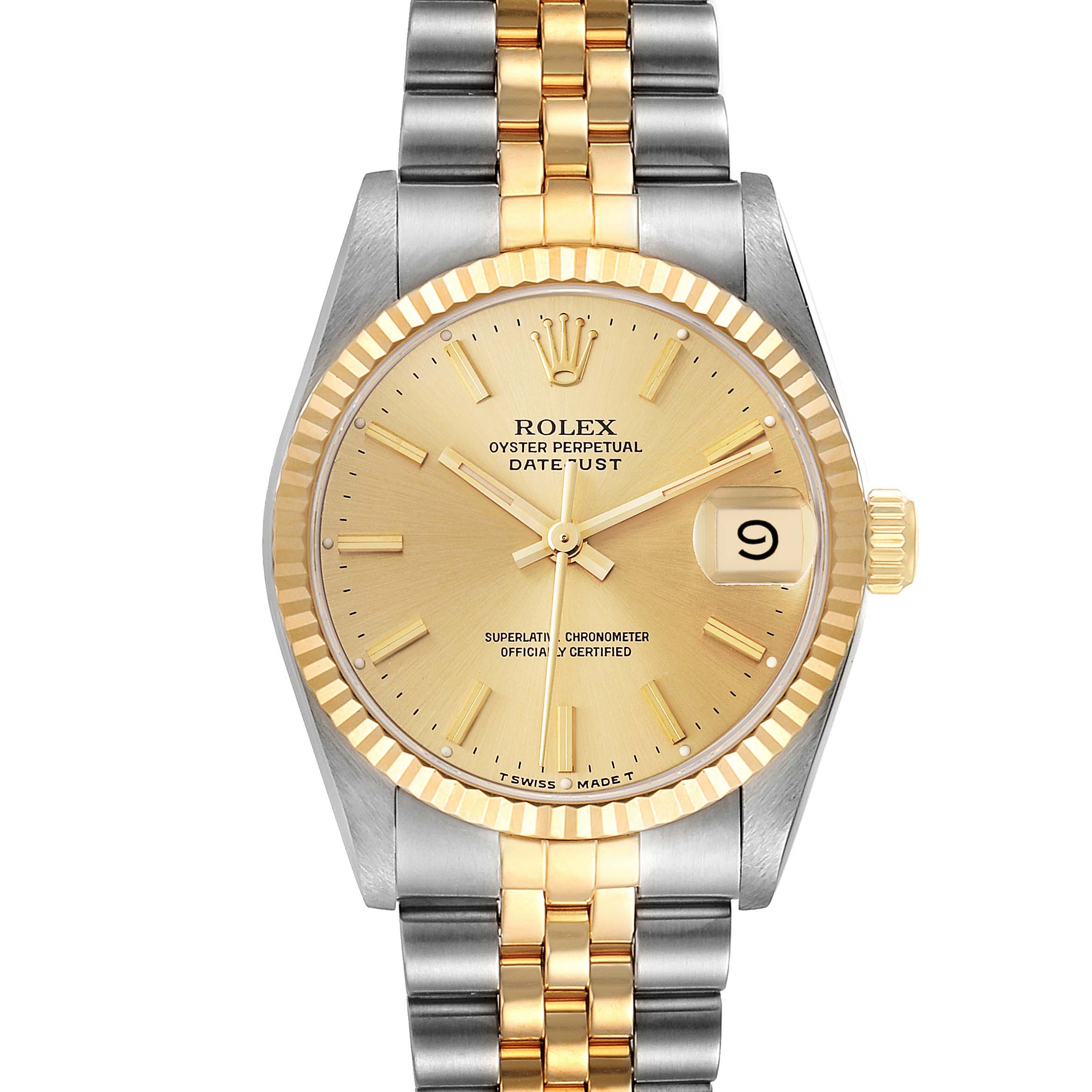 This Rolex Mid-Size 68273 Women's Steel and Gold (two tone) Champagne Dial 68273 Women's Steel and Gold (two tone) Champagne Dial Datejust watch is shown from a front angle, highlighting its gold dial and two-tone band.