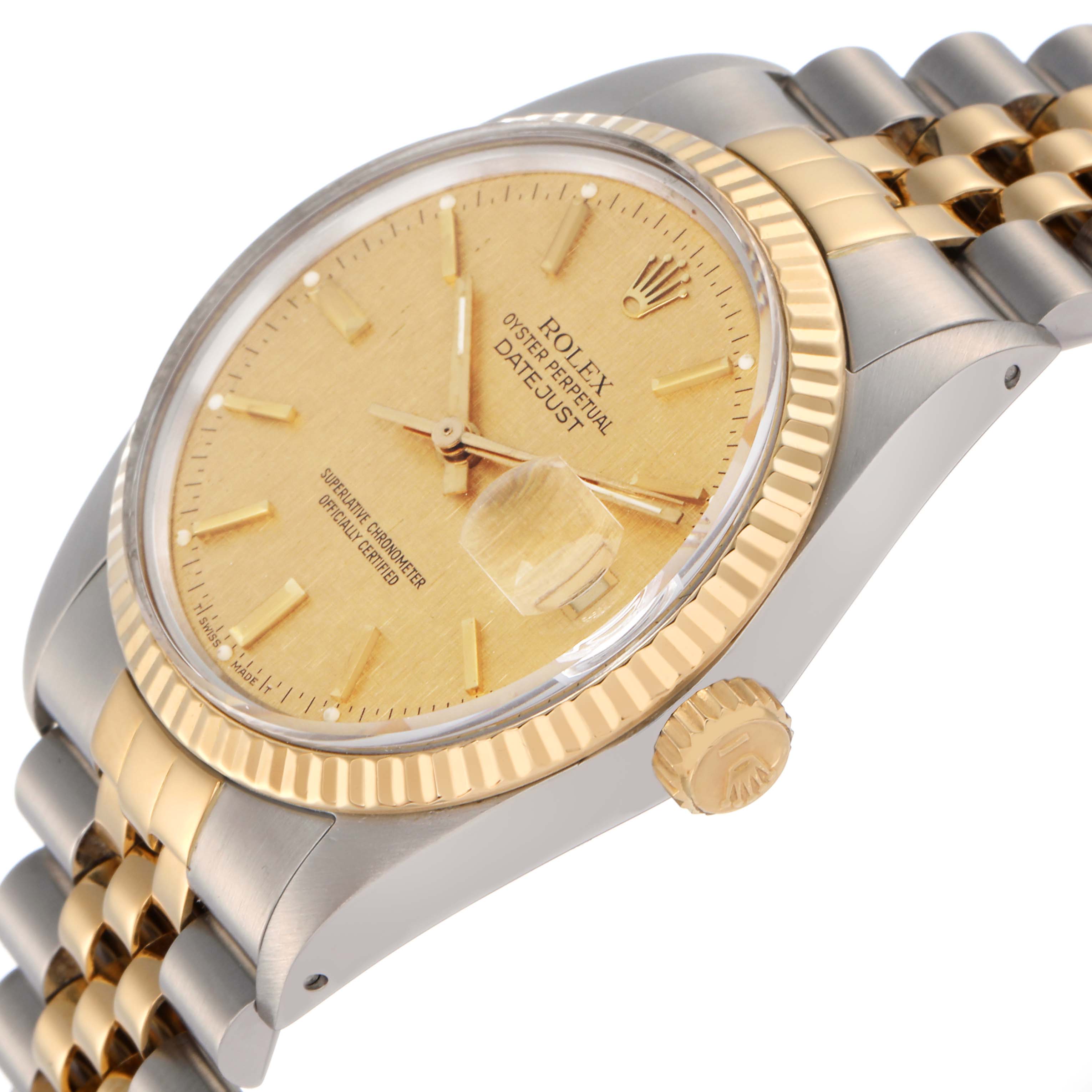 The Rolex Vintage Collection 16013 Men
s Steel and Gold (two tone) Champagne Dial 16013 Men
s Steel and Gold (two tone) Champagne Dial watch is shown at an angled side view, highlighting the dial, bezel, crown, and portion of the bracelet.