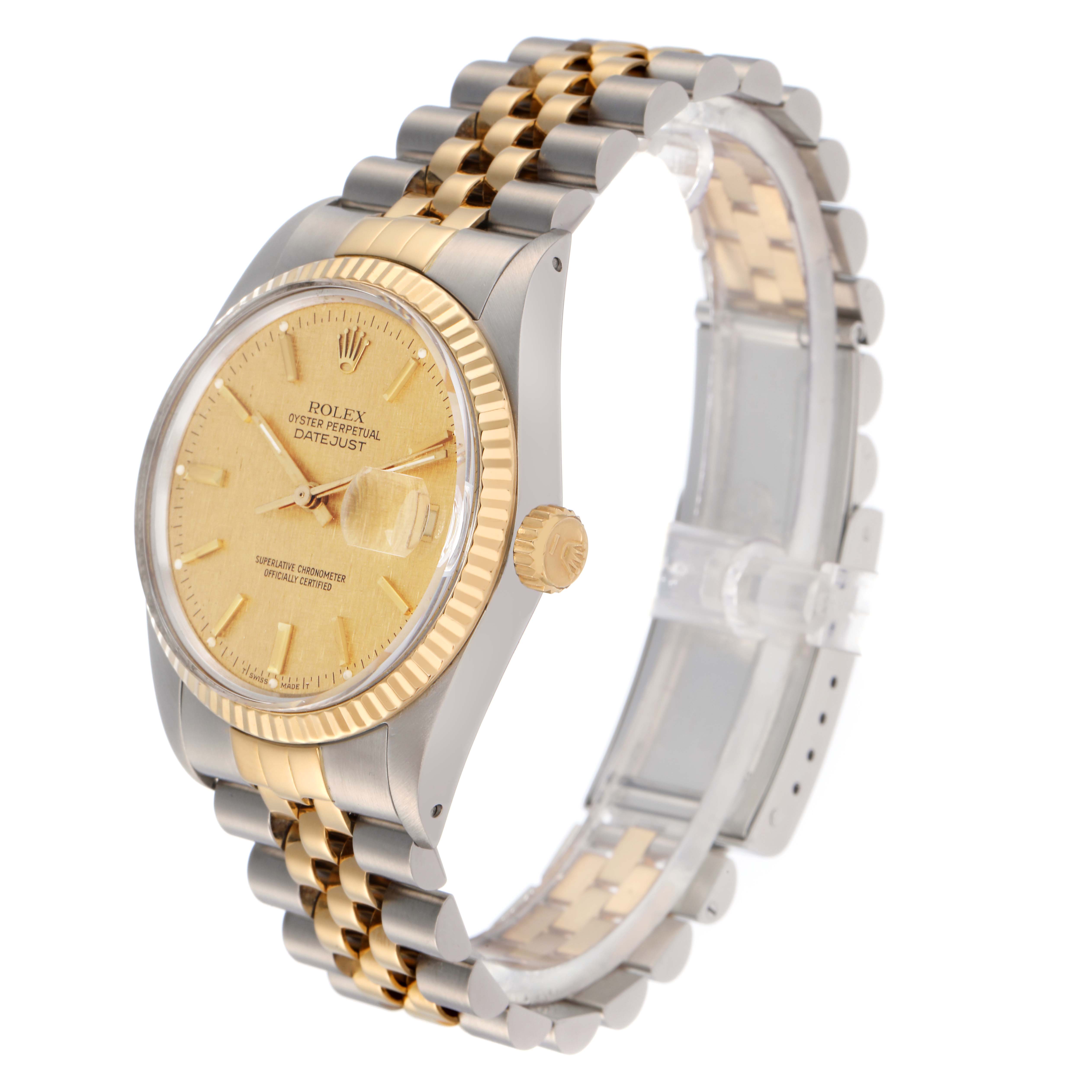 The Rolex Vintage Collection 16013 Men
s Steel and Gold (two tone) Champagne Dial 16013 Men
s Steel and Gold (two tone) Champagne Dial model is shown at a three-quarter angle, displaying the face, bezel, and two-tone bracelet.