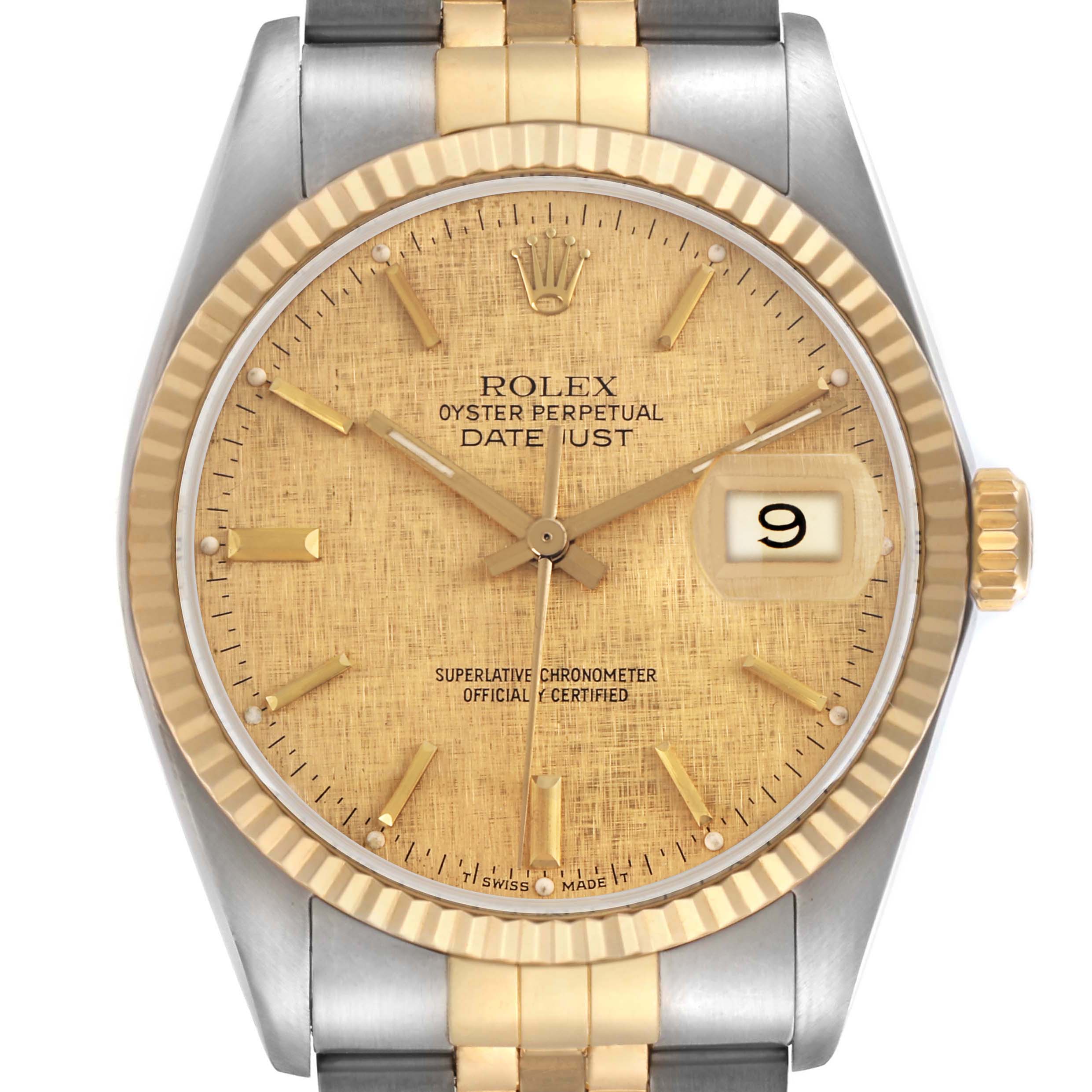 The Rolex Vintage Collection 16013 Men
s Steel and Gold (two tone) Champagne Dial 16013 Men
s Steel and Gold (two tone) Champagne Dial watch is shown from the front, highlighting the textured gold dial, fluted bezel, and two-tone bracelet.