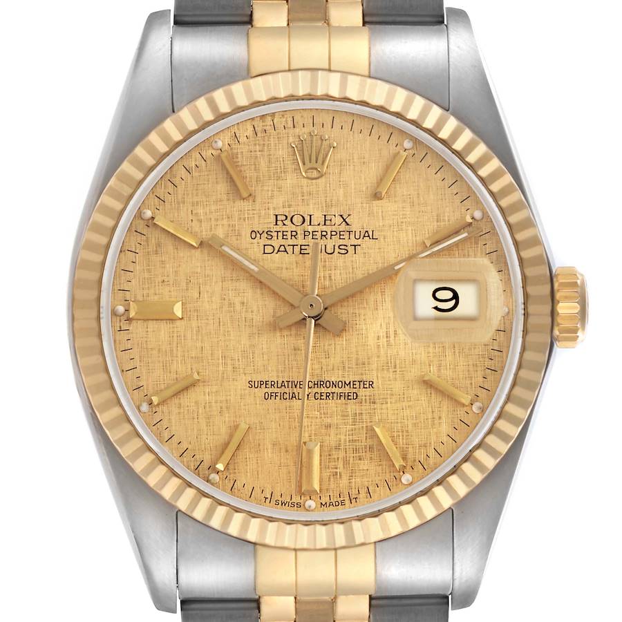 The Rolex Vintage Collection watch is shown from the front, highlighting the textured gold dial, fluted bezel, and two-tone bracelet.