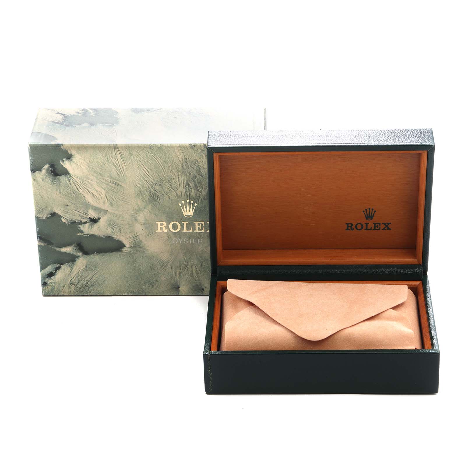 The image shows an angled view of a Rolex Vintage Collection 16013 Men
s Steel and Gold (two tone) Champagne Dial 16013 Men
s Steel and Gold (two tone) Champagne Dial watch box, open to display a fabric pouch inside.