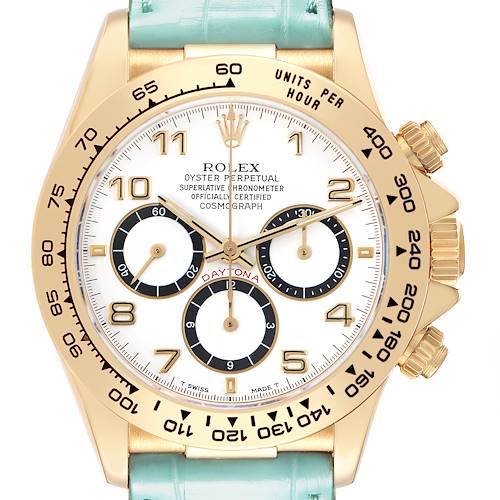 The image shows a frontal view of a Rolex Daytona watch, highlighting the dial, bezel, and chronograph features.