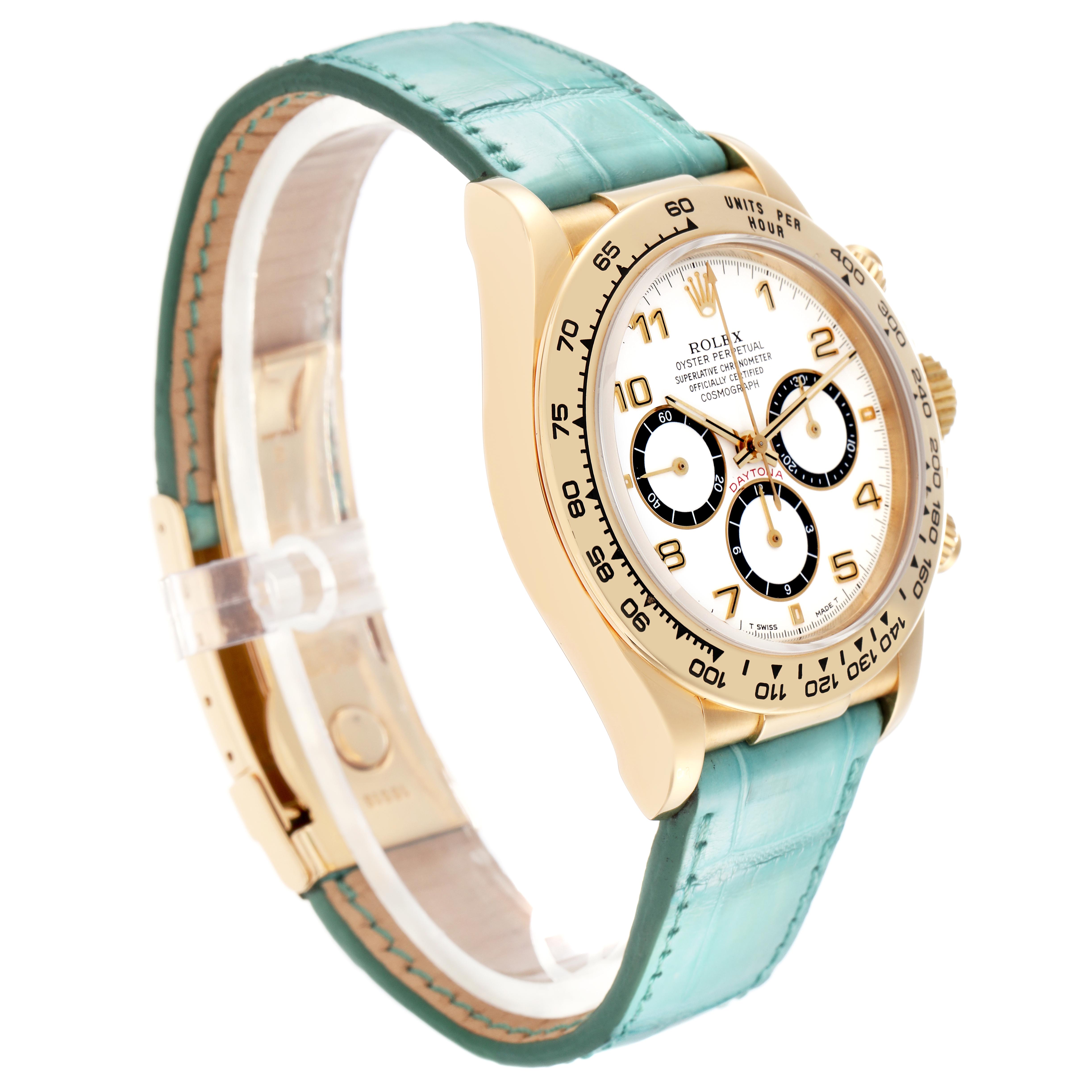 The Rolex Daytona 16518 Men
s Yellow Gold White Dial 16518 Men
s Yellow Gold White Dial watch is shown at a three-quarter angle, displaying the dial, bezel, crown, and green strap.