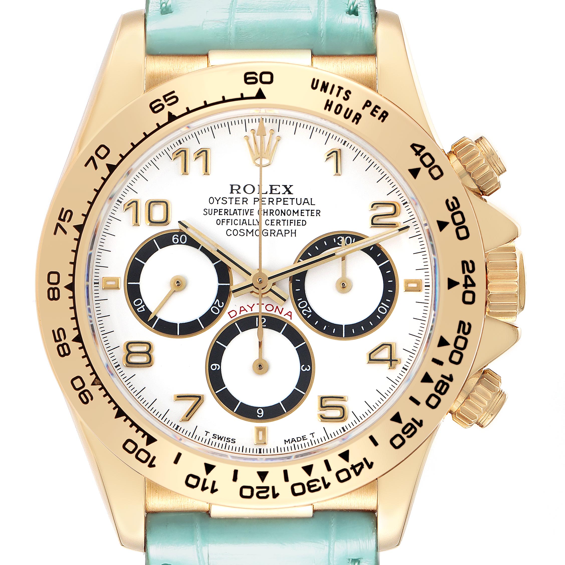The image shows a frontal view of a Rolex Daytona 16518 Men
s Yellow Gold White Dial 16518 Men
s Yellow Gold White Dial watch, highlighting its face, bezel, and pushers.