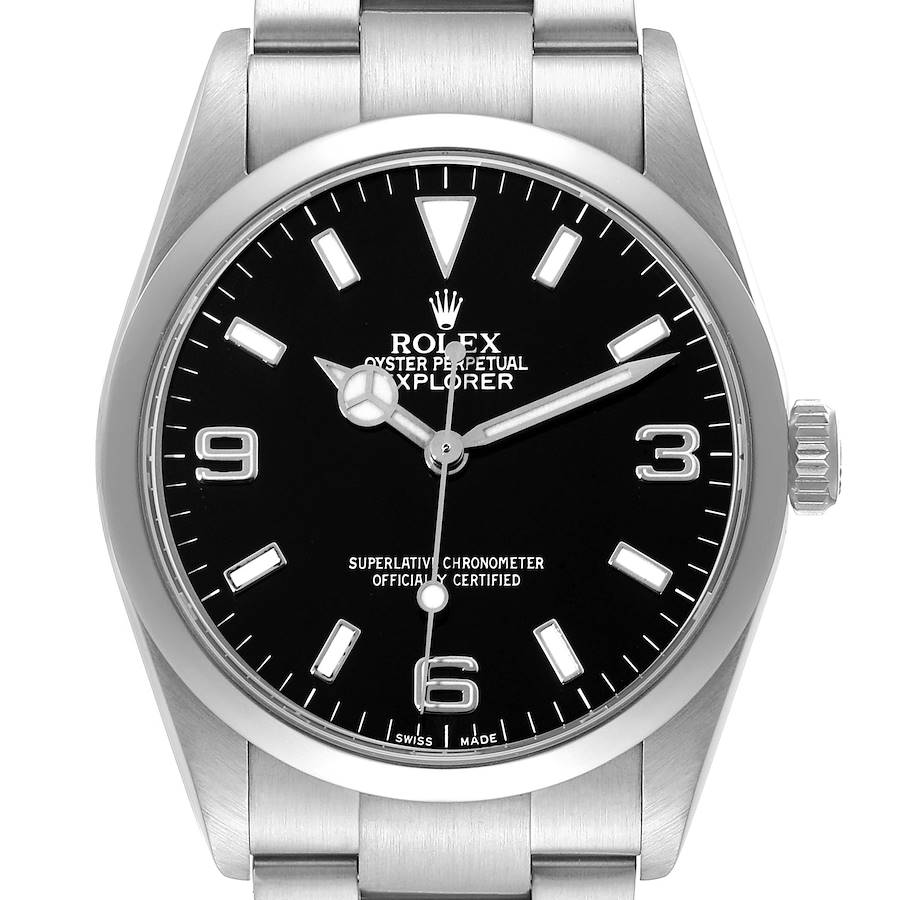 The image shows a front view of the Rolex Explorer watch, highlighting the dial, hands, crown, and bracelet.