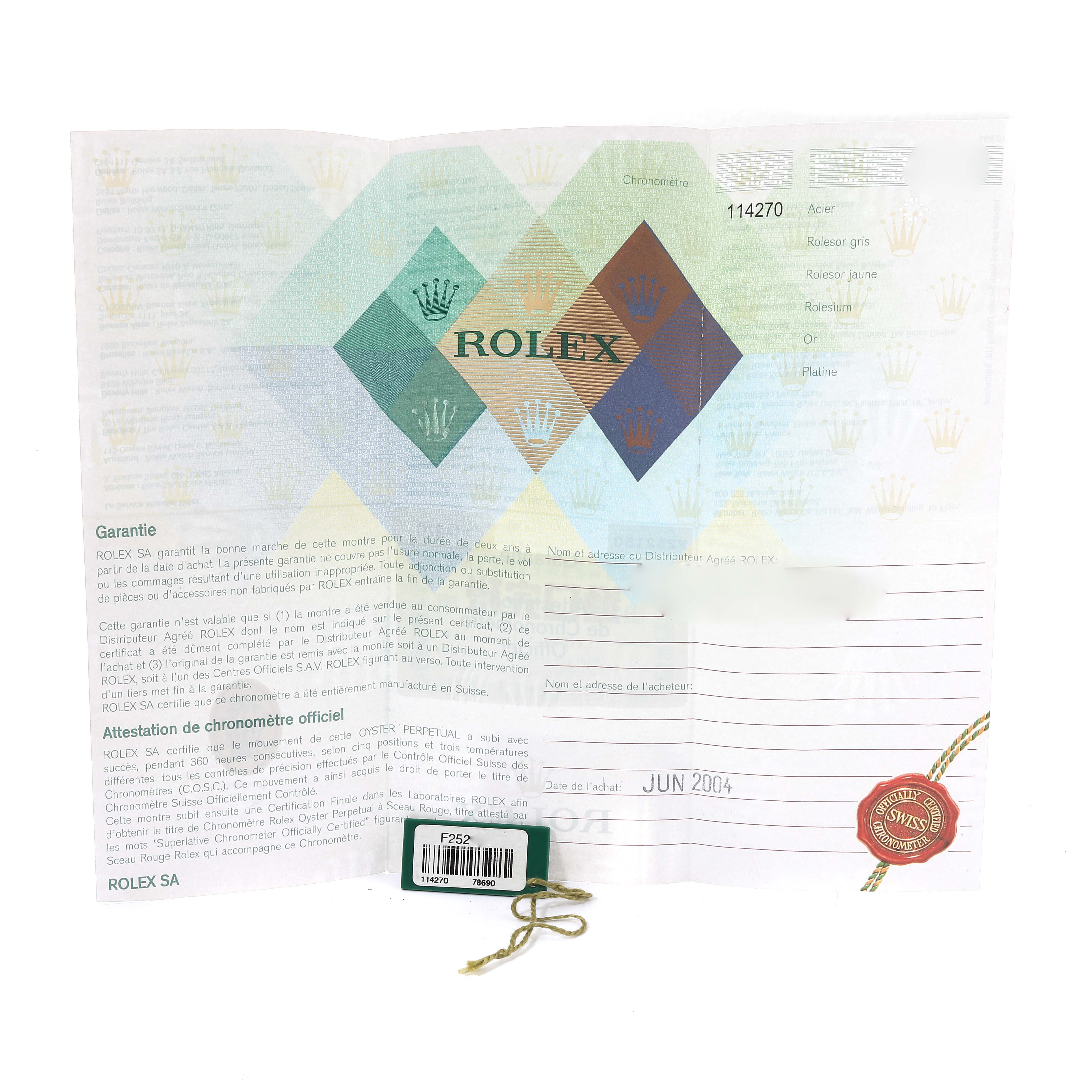 The image shows the warranty certificate and tag for a Rolex Explorer 114270 Men's Stainless Steel Black Dial 114270 Men's Stainless Steel Black Dial watch.