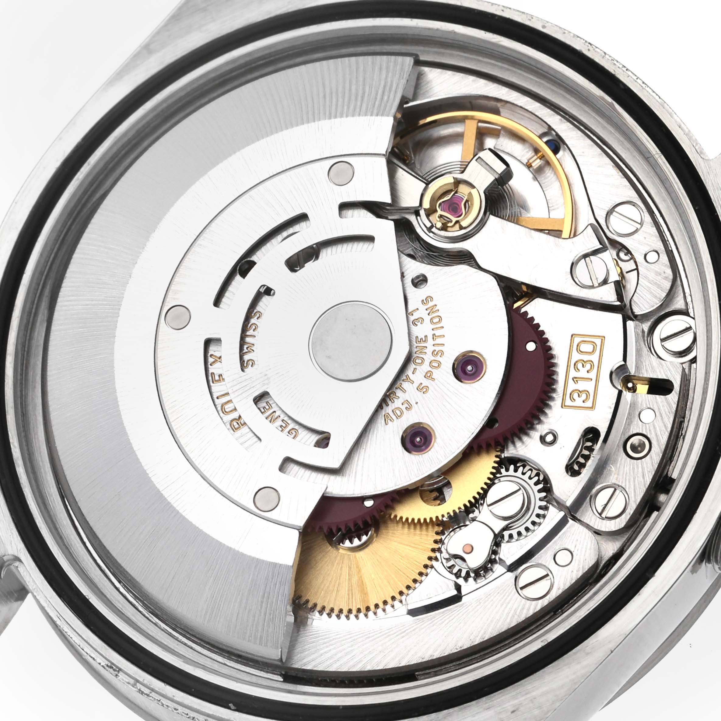 This image shows the internal mechanism of a Rolex Explorer 114270 Men's Stainless Steel Black Dial 114270 Men's Stainless Steel Black Dial watch at a close-up angle.