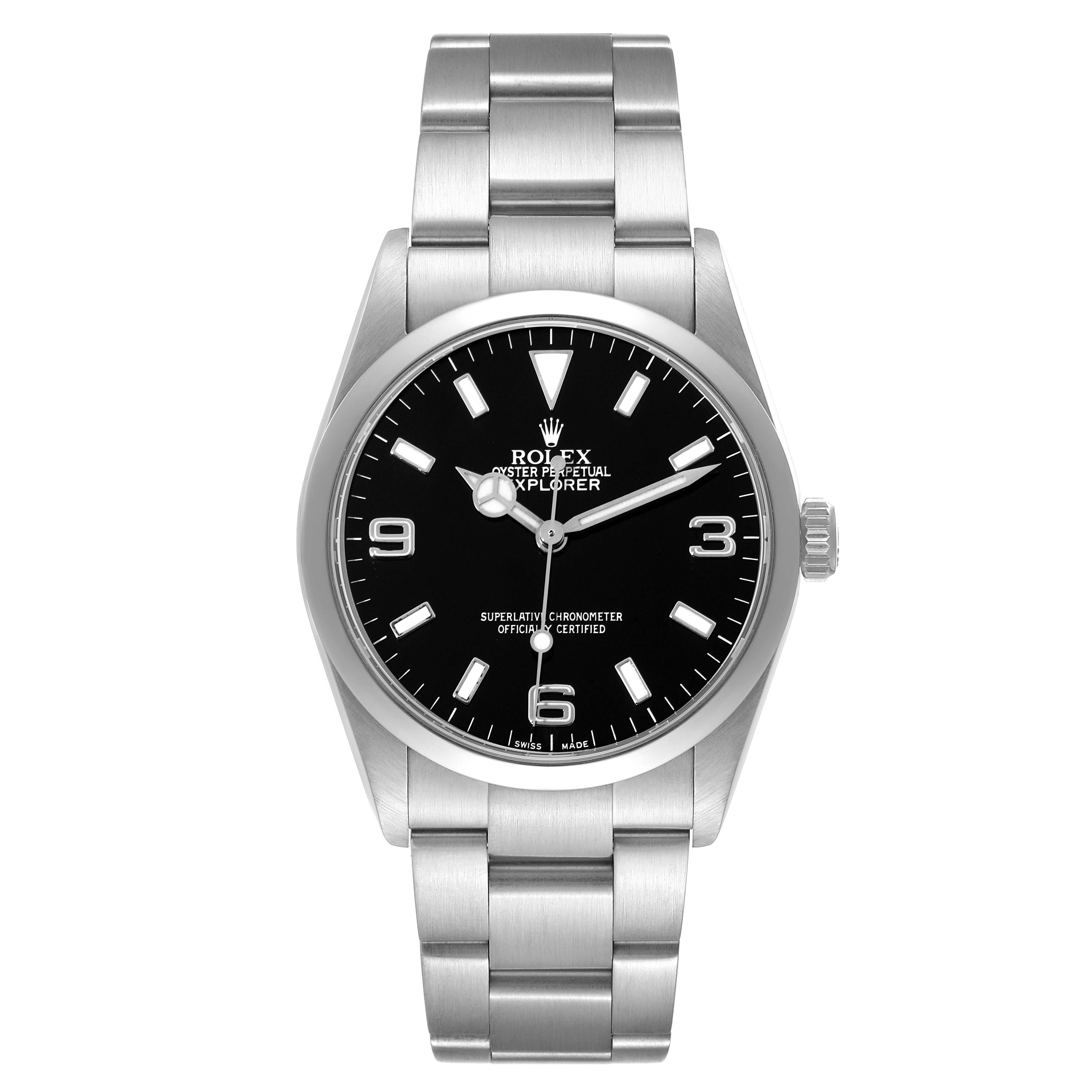 This image shows a frontal view of the Rolex Explorer 114270 Men's Stainless Steel Black Dial 114270 Men's Stainless Steel Black Dial watch, highlighting the dial, bezel, and bracelet.