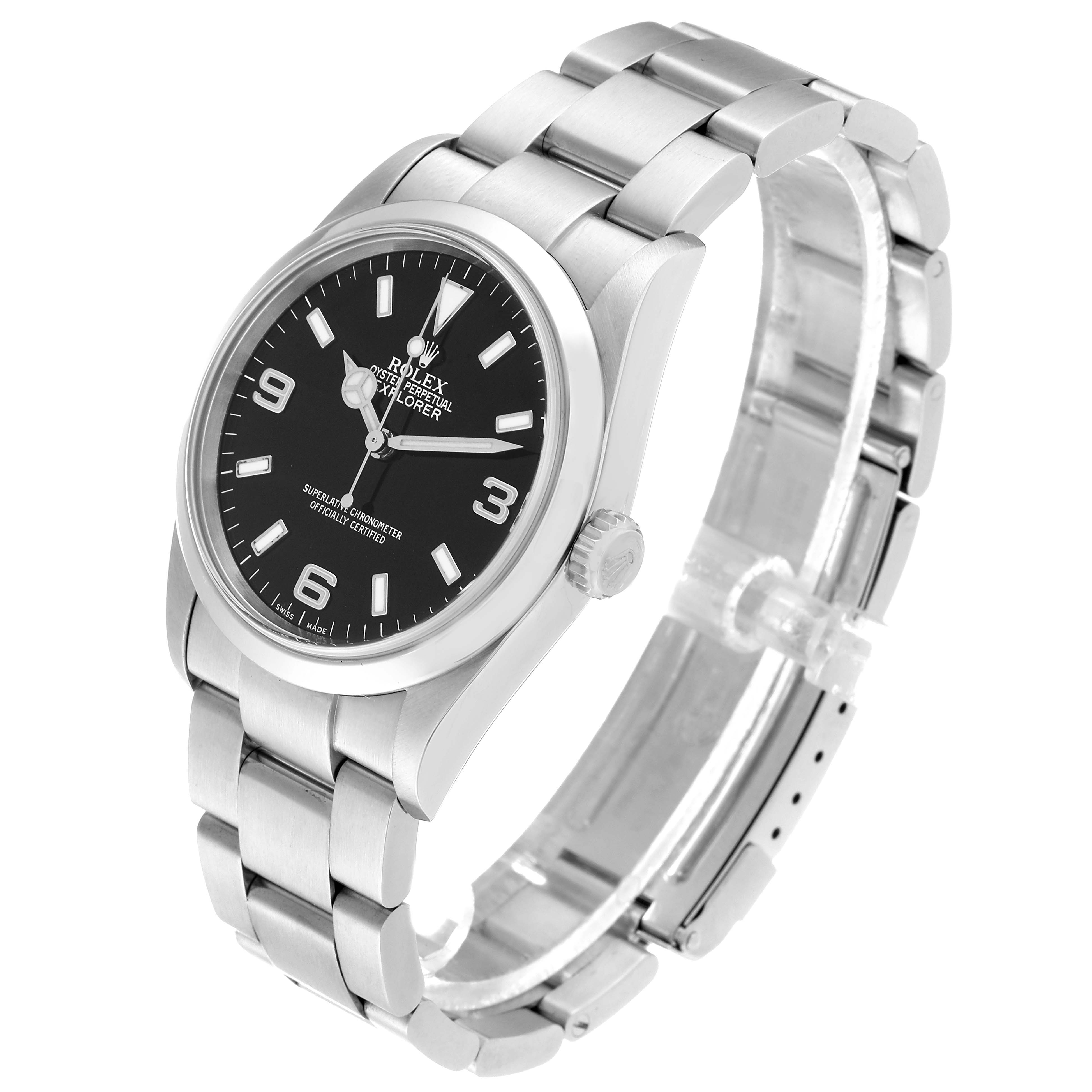 The image shows a side angle of a Rolex Explorer 114270 Men's Stainless Steel Black Dial 114270 Men's Stainless Steel Black Dial watch, highlighting the dial, bezel, crown, and bracelet.