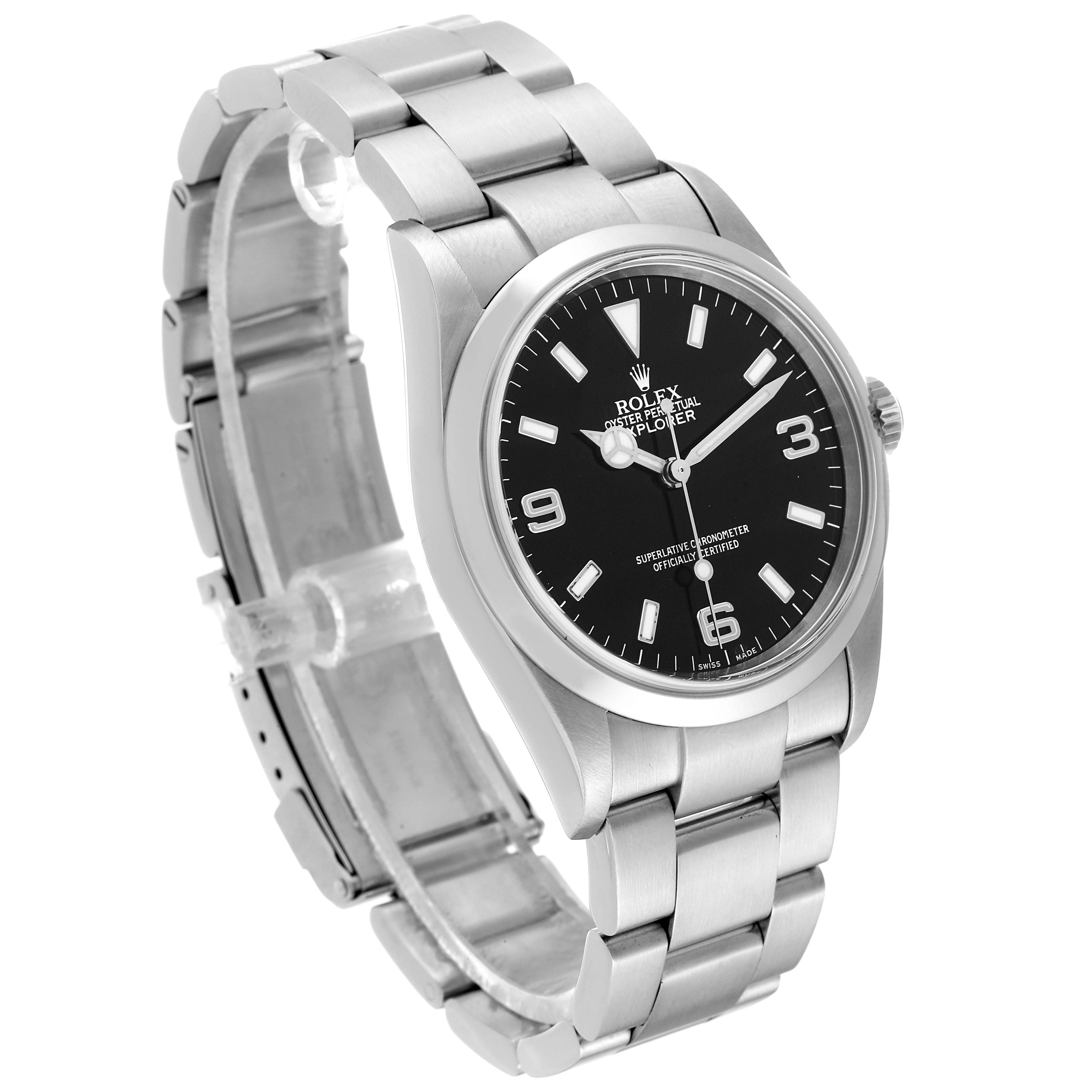 The image shows a side-angle view of a Rolex Explorer 114270 Men's Stainless Steel Black Dial 114270 Men's Stainless Steel Black Dial watch, highlighting its black dial and stainless steel bracelet.