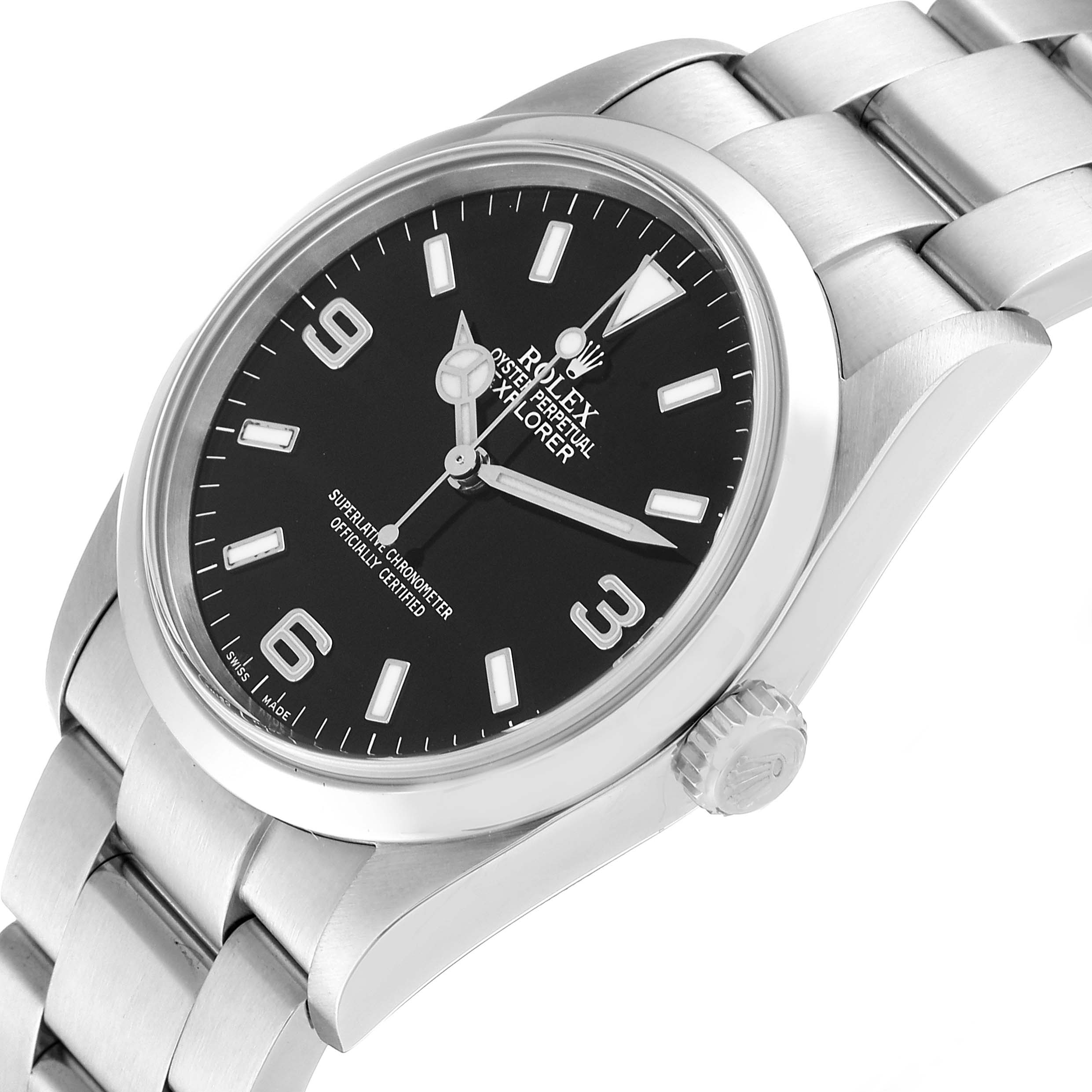 The image shows a close-up of the Rolex Explorer 114270 Men's Stainless Steel Black Dial 114270 Men's Stainless Steel Black Dial watch at an angle, highlighting the dial, crown, bezel, and part of the bracelet.