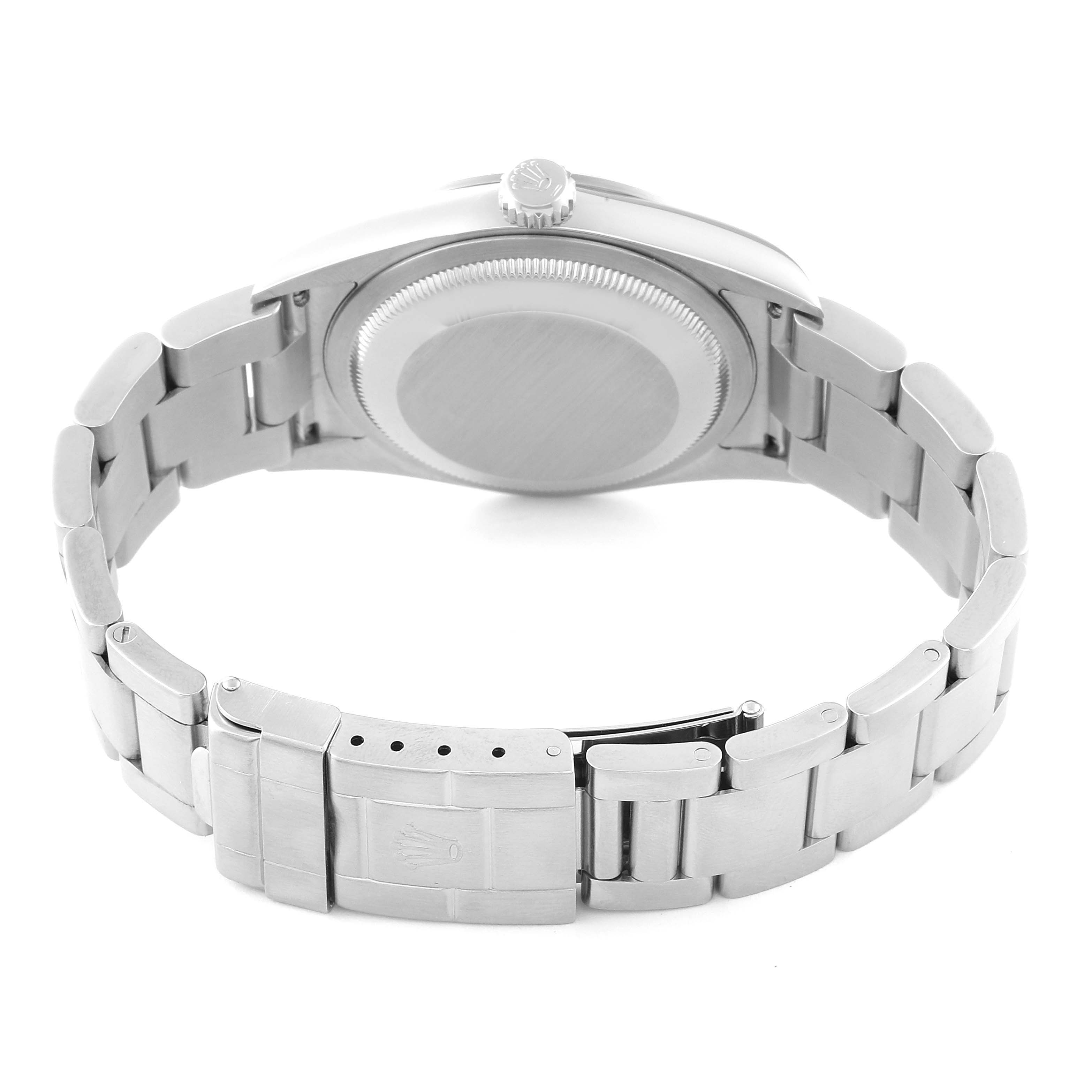 This image shows the back and bracelet of a Rolex Explorer 114270 Men's Stainless Steel Black Dial 114270 Men's Stainless Steel Black Dial watch, highlighting the case back, crown, and clasp.