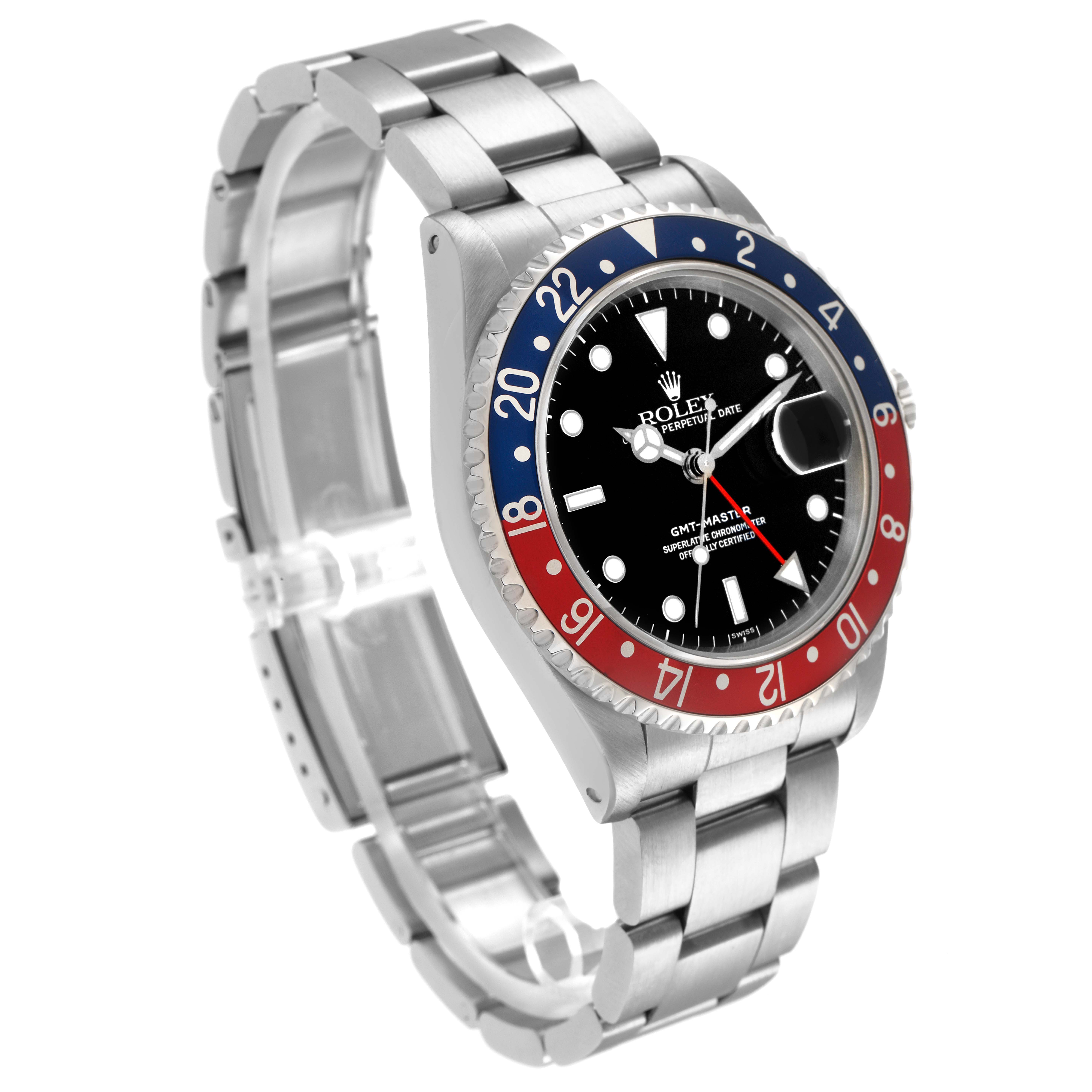 The Rolex GMT-Master 16700 Men
s Stainless Steel Black Dial 16700 Men
s Stainless Steel Black Dial watch is shown at an angled side view, highlighting the bezel, dial, and bracelet.