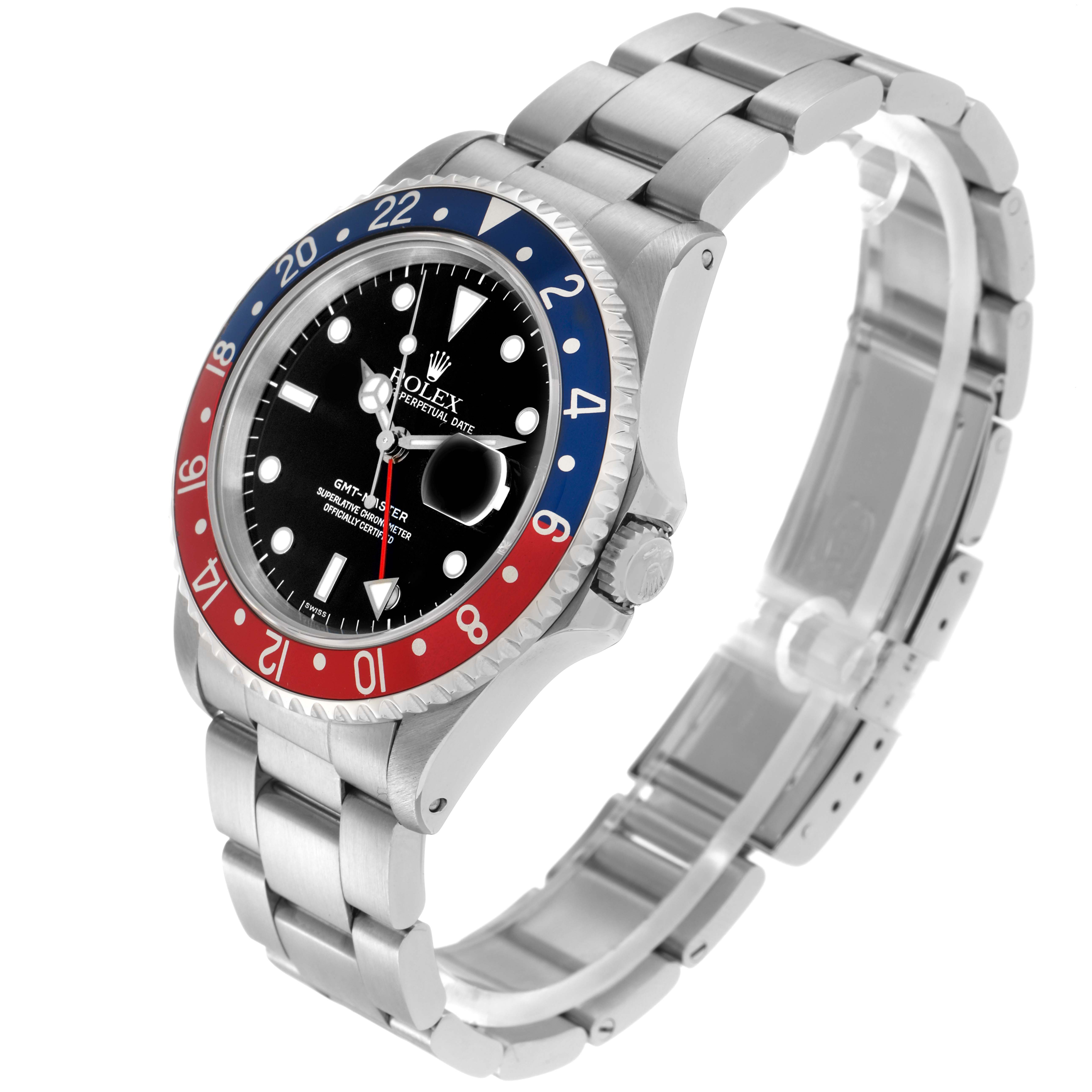 The Rolex GMT-Master 16700 Men
s Stainless Steel Black Dial 16700 Men
s Stainless Steel Black Dial is shown at a three-quarter angle, highlighting the bezel, face, and bracelet.