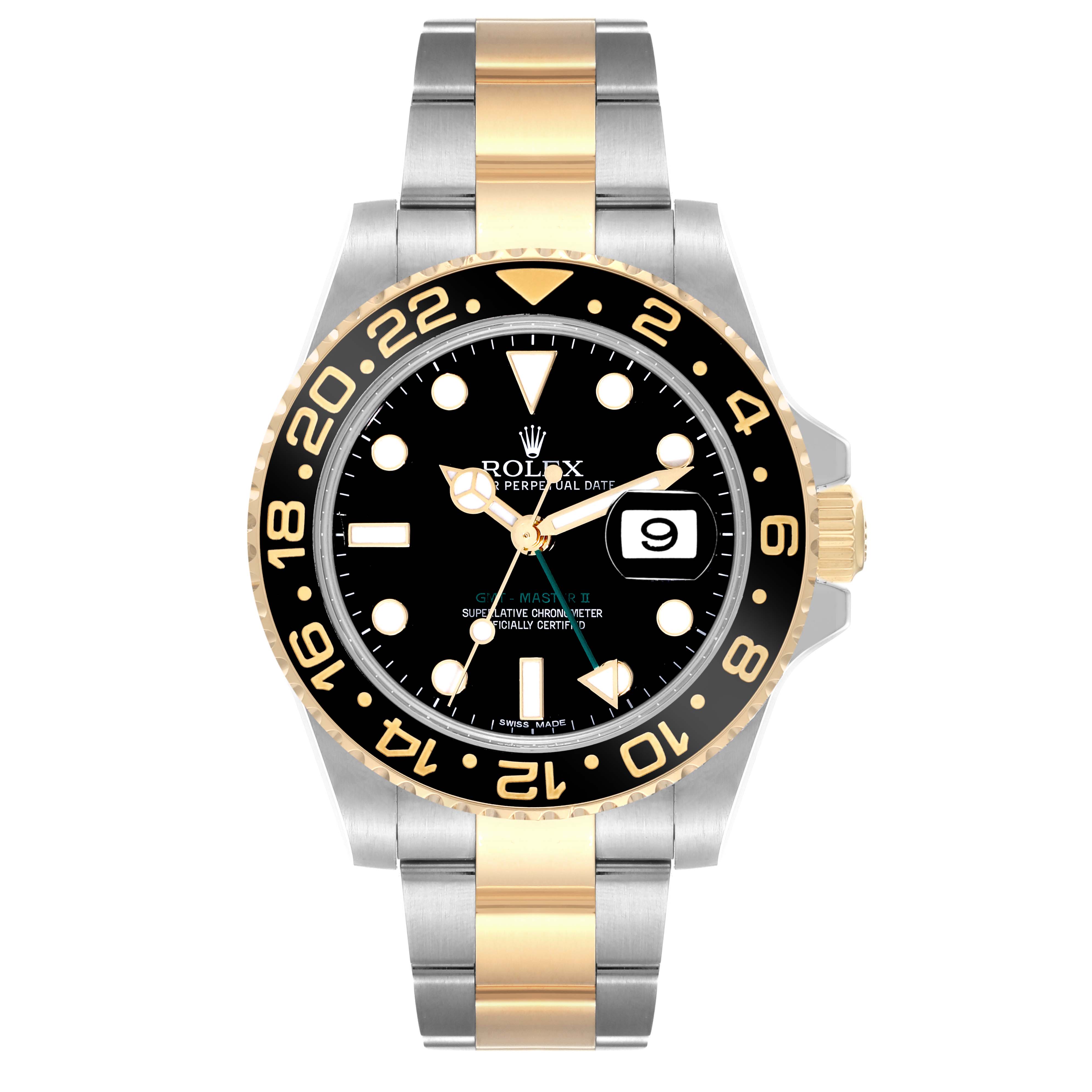 The image shows a head-on view of a Rolex GMT-Master 116713 Men's Steel and Gold (two tone) Black Dial 116713 Men's Steel and Gold (two tone) Black Dial II watch, displaying its bezel, dial, hands, and bracelet.