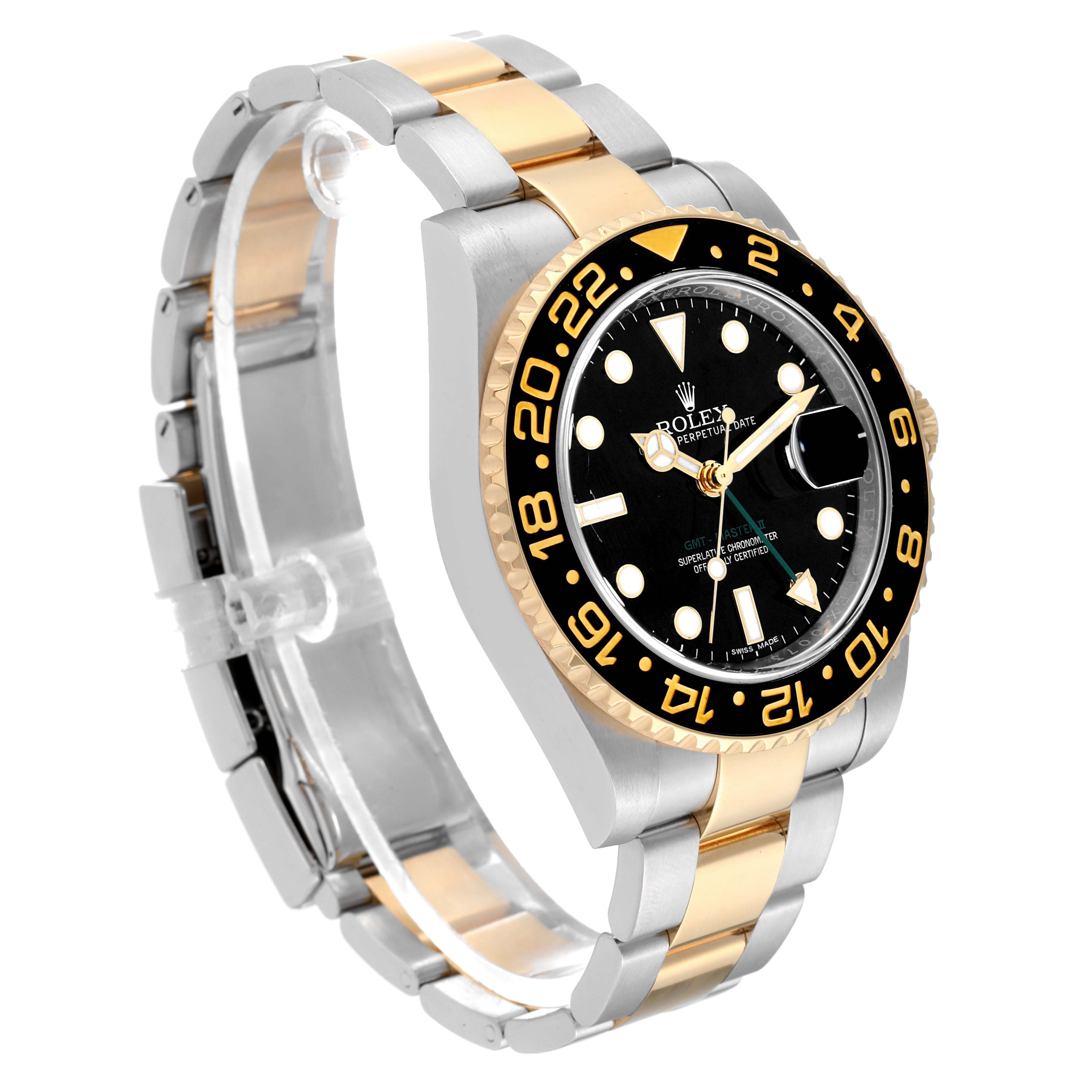 The Rolex GMT-Master 116713 Men's Steel and Gold (two tone) Black Dial 116713 Men's Steel and Gold (two tone) Black Dial is shown at a slight angle, featuring its dial, bezel, and two-tone bracelet.