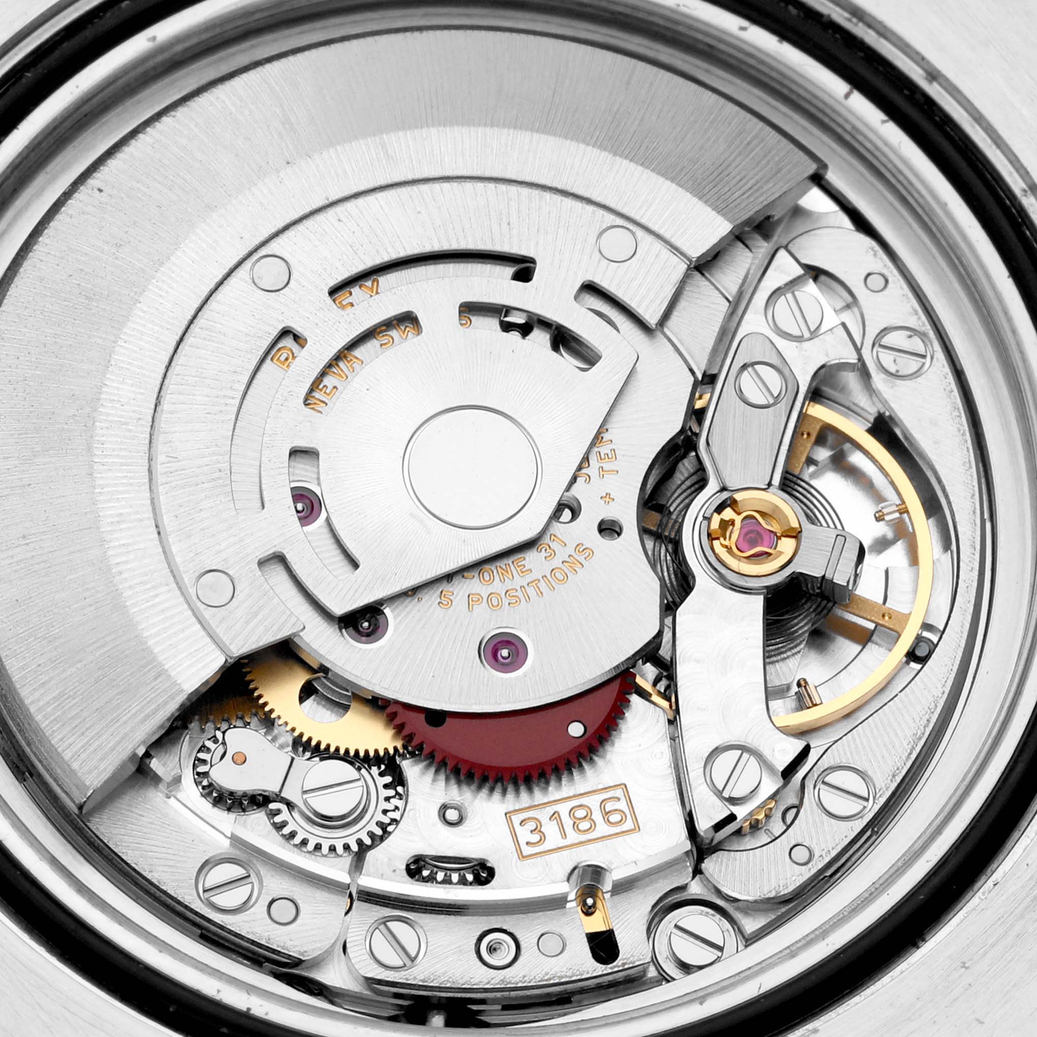 The image shows the internal mechanism of a Rolex GMT-Master 116713 Men's Steel and Gold (two tone) Black Dial 116713 Men's Steel and Gold (two tone) Black Dial watch, featuring the rotor, gears, and balance wheel from a close-up angle.